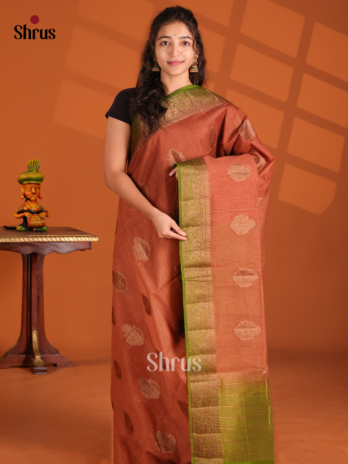 Brown & Green- Semi Jute Saree - Shop on Shrus.com