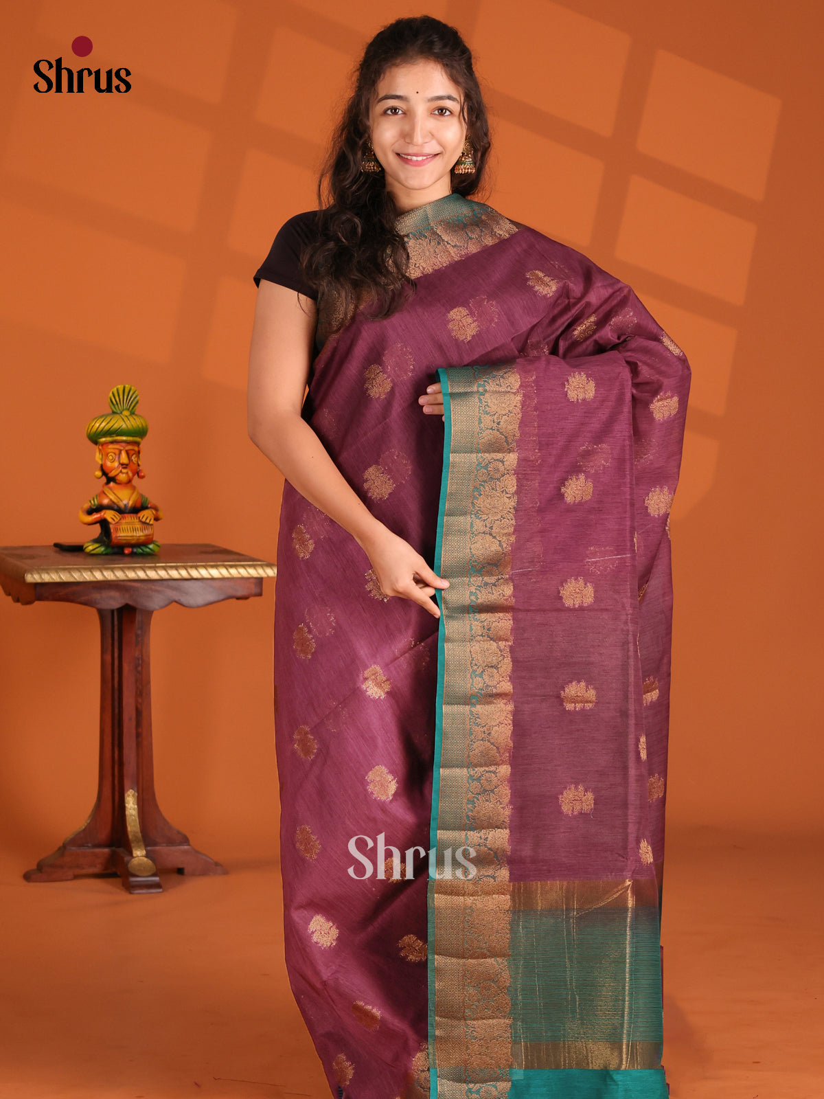 Purple & Blue- Semi Jute Saree - Shop on Shrus.com