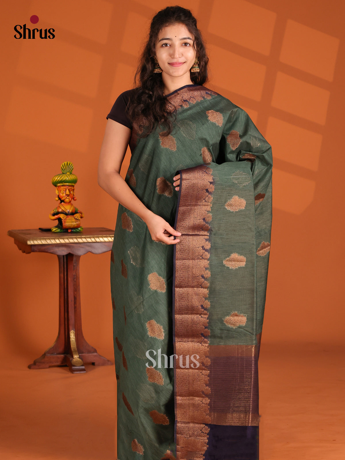 Green & Blue- Semi Jute Saree - Shop on Shrus.com