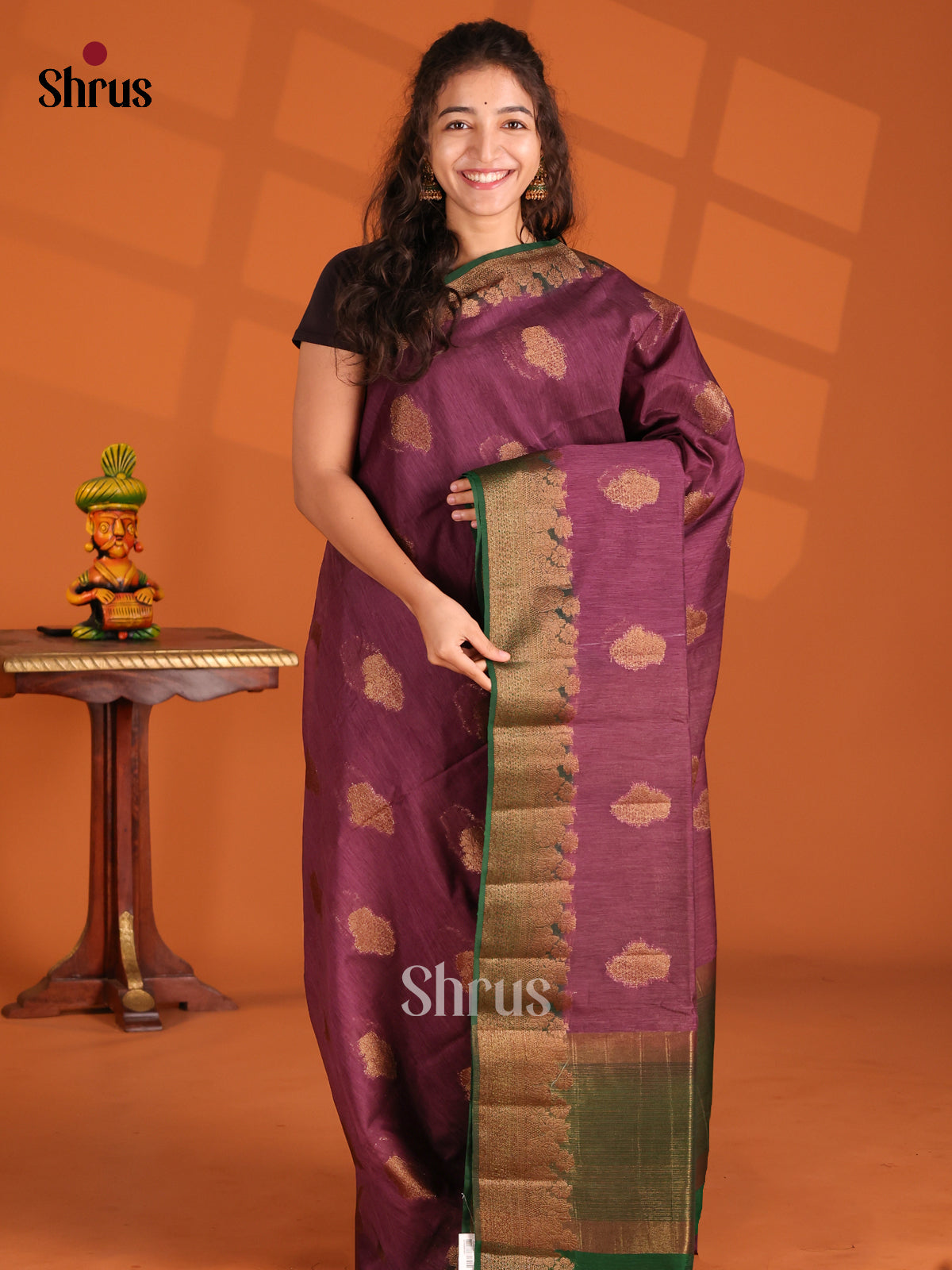 Purple & Green- Semi Jute Saree - Shop on Shrus.com