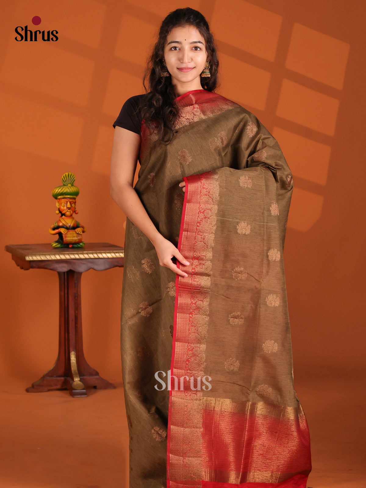 Brown & Red- Semi Jute Saree - Shop on Shrus.com