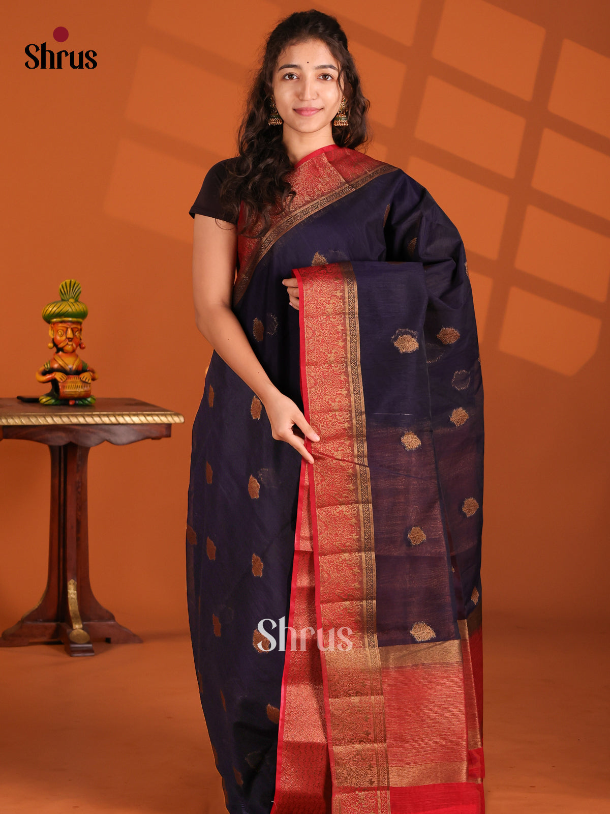 Blue & Red- Semi Jute Saree - Shop on Shrus.com