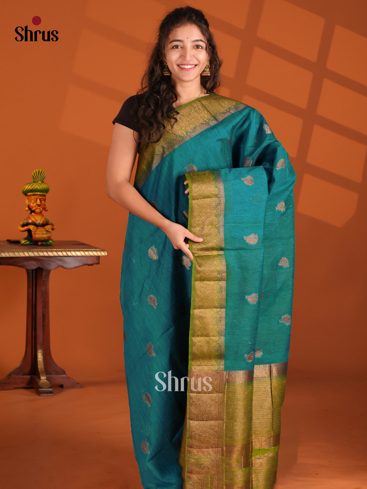 Blue & Green- Semi Jute Saree - Shop on Shrus.com