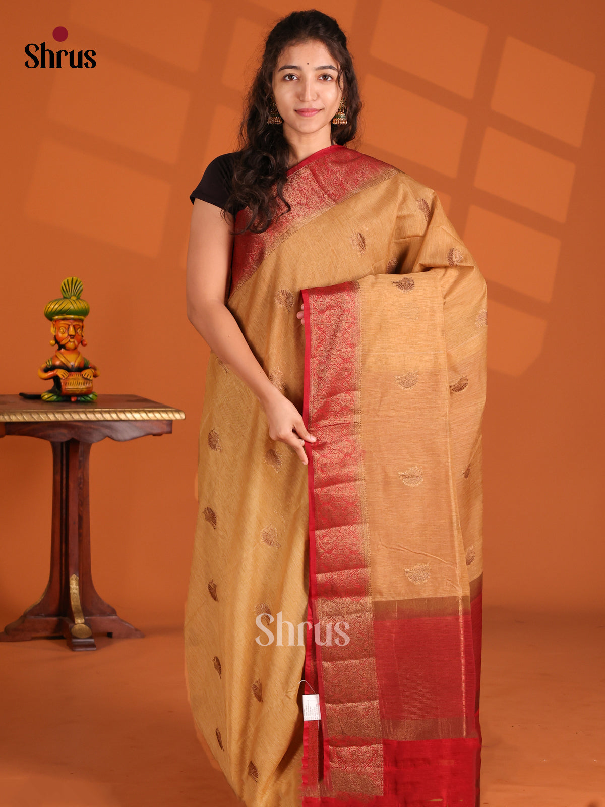Beige & Red - Semi Jute Saree - Shop on Shrus.com