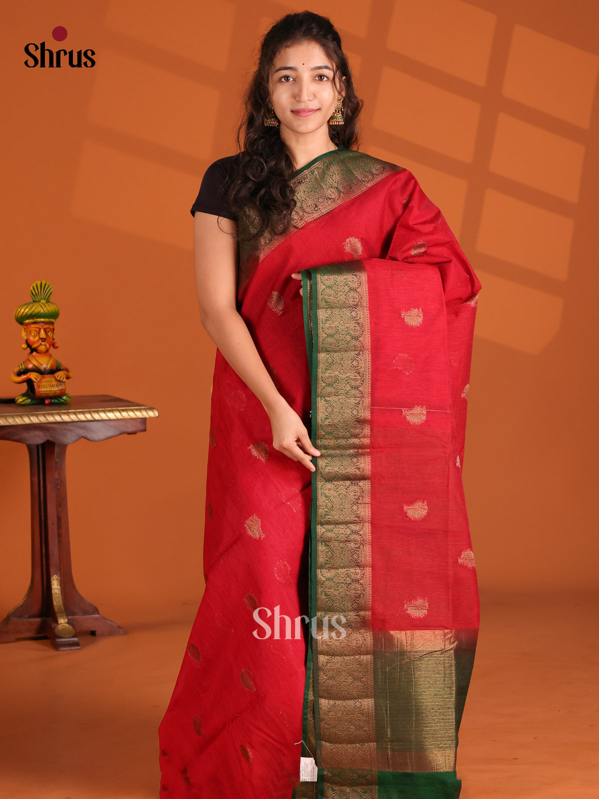 Red & Green- Semi Jute Saree - Shop on Shrus.com