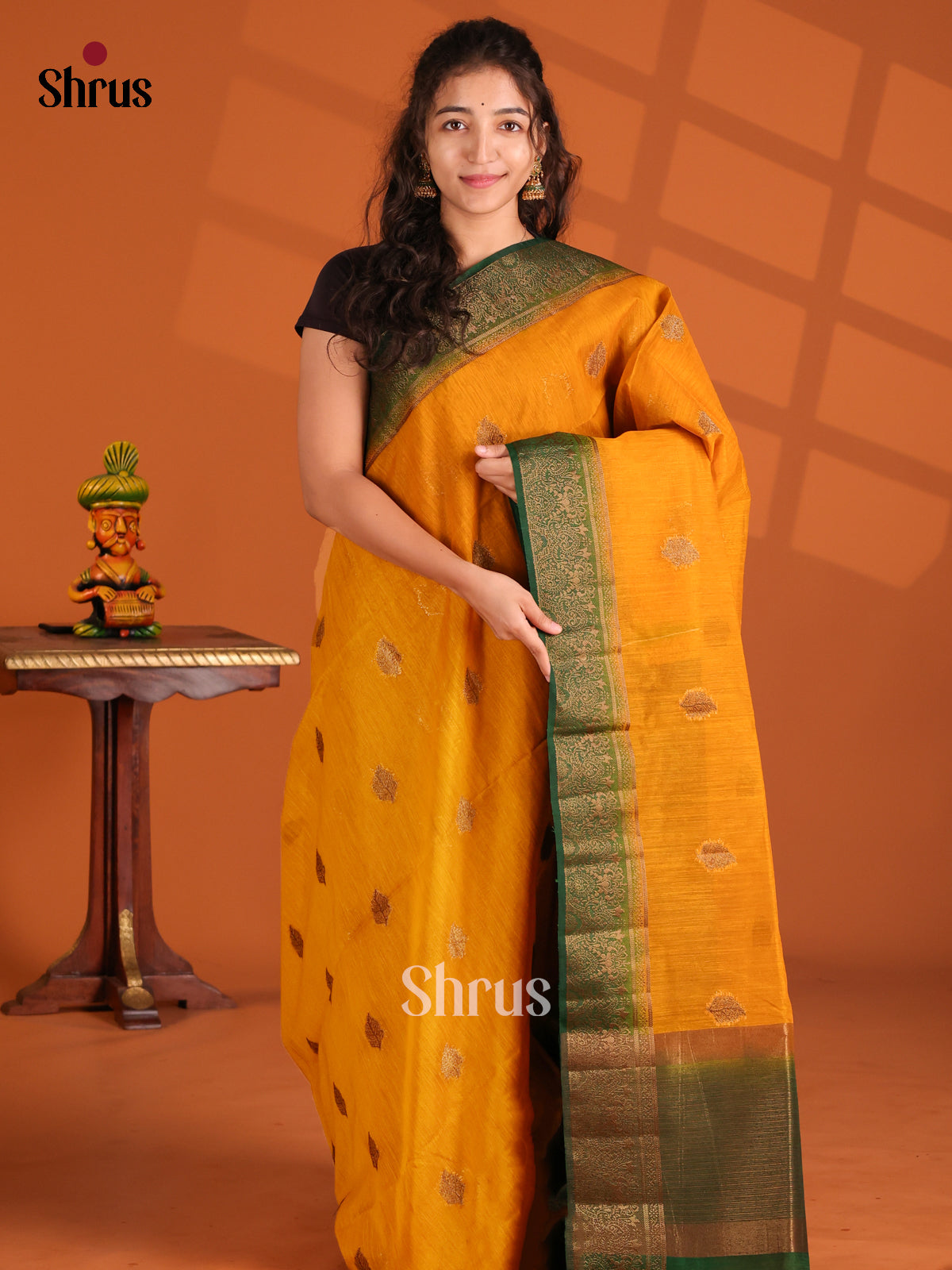 Mustard & Green- Semi Jute Saree - Shop on Shrus.com