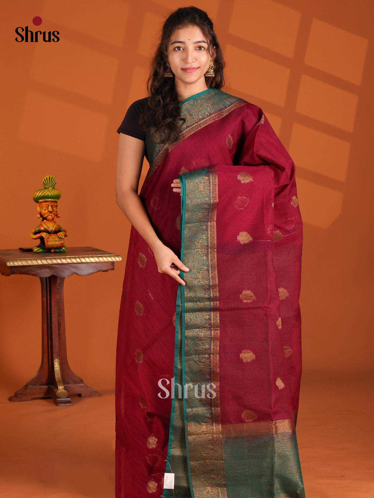 Maroon & Teal- Semi Jute Saree - Shop on Shrus.com
