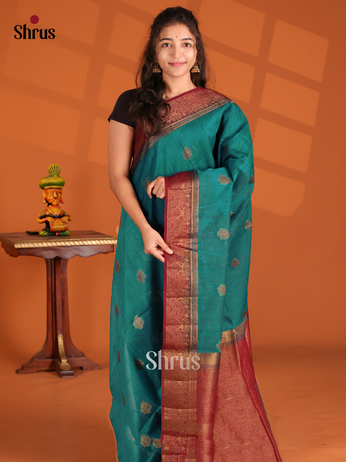 Green & Maroon- Semi Jute Saree - Shop on Shrus.com