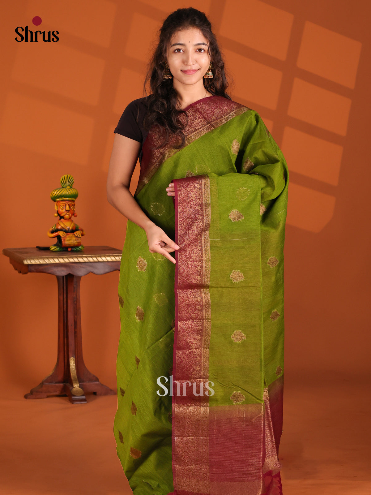 Green & Maroon - Semi Jute Saree - Shop on Shrus.com