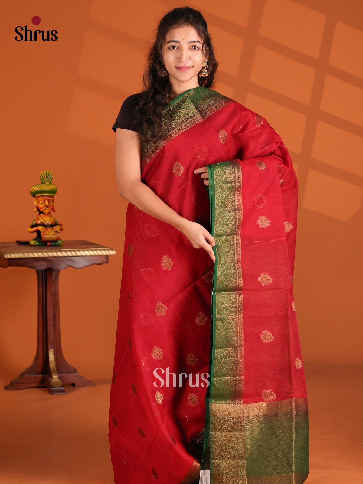 Red & Green- Semi Jute Saree - Shop on Shrus.com