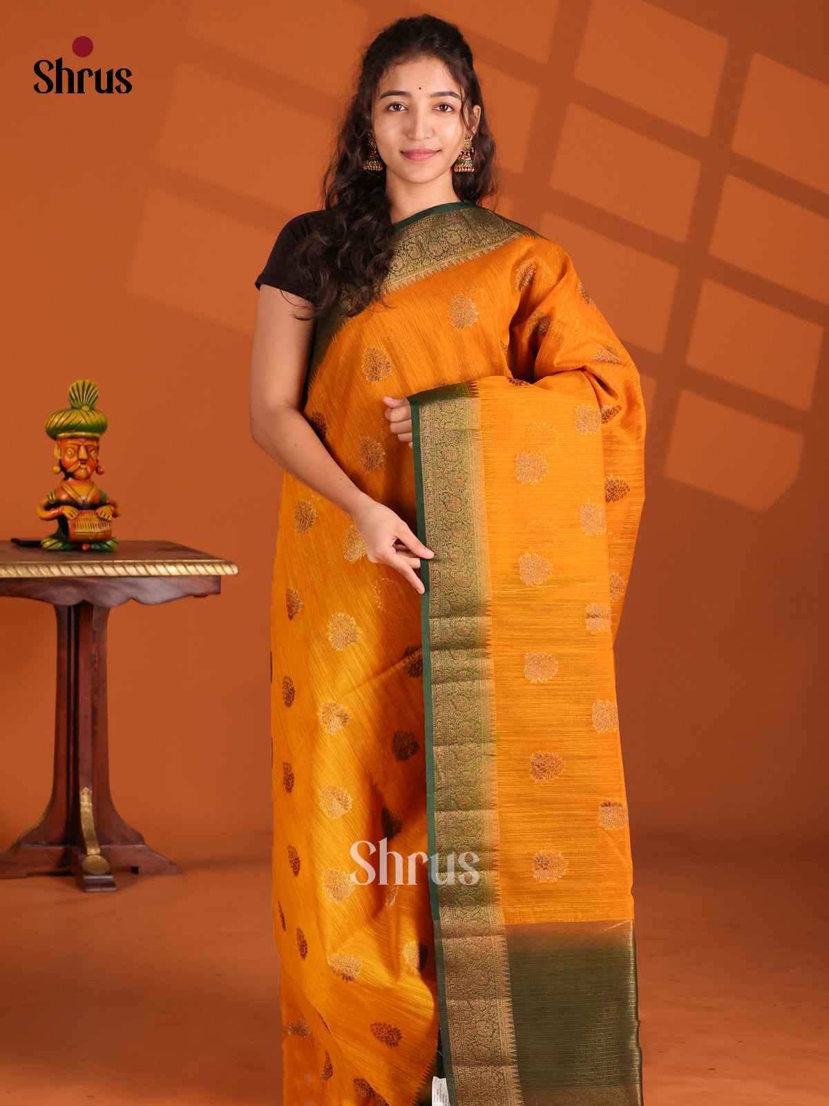 Mustard & Green- Semi Jute Saree - Shop on Shrus.com