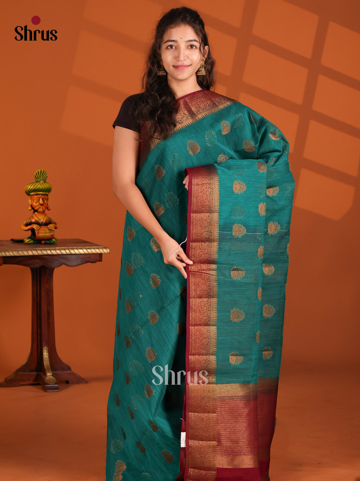 Blue & Maroon- Semi Jute Saree - Shop on Shrus.com
