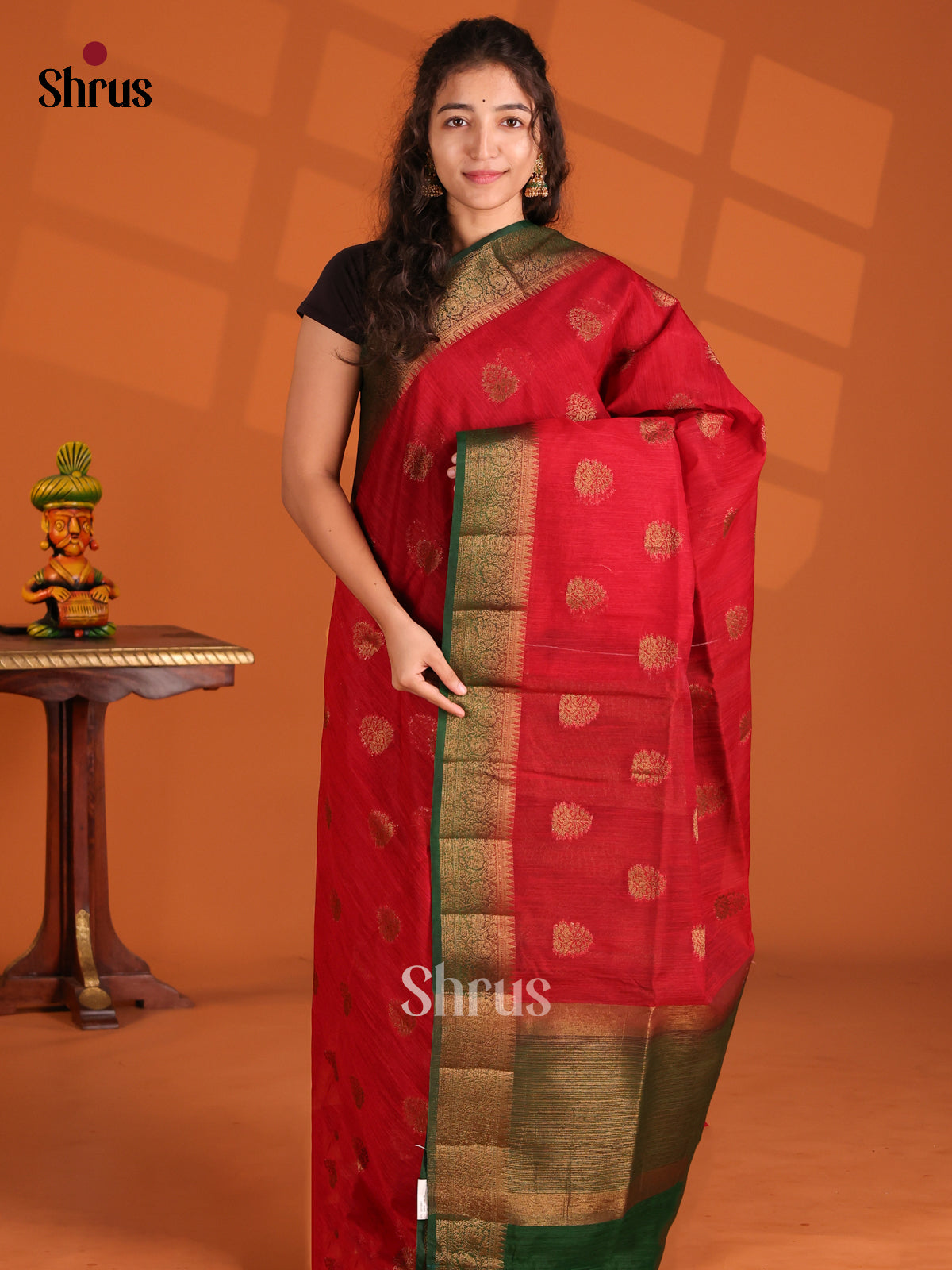 Red & Green- Semi Jute Saree - Shop on Shrus.com