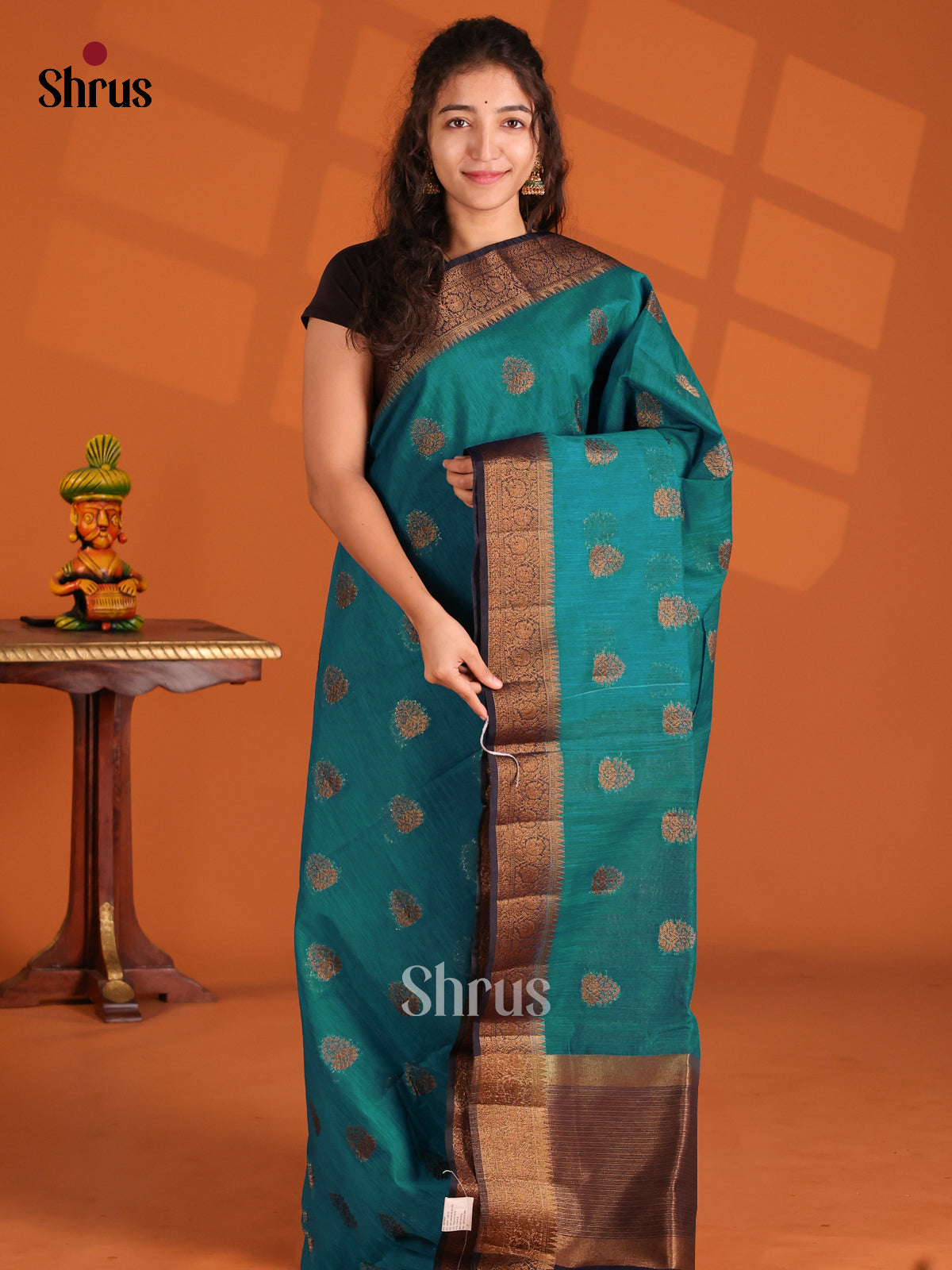 Teal & Blue- Semi Jute Saree - Shop on Shrus.com