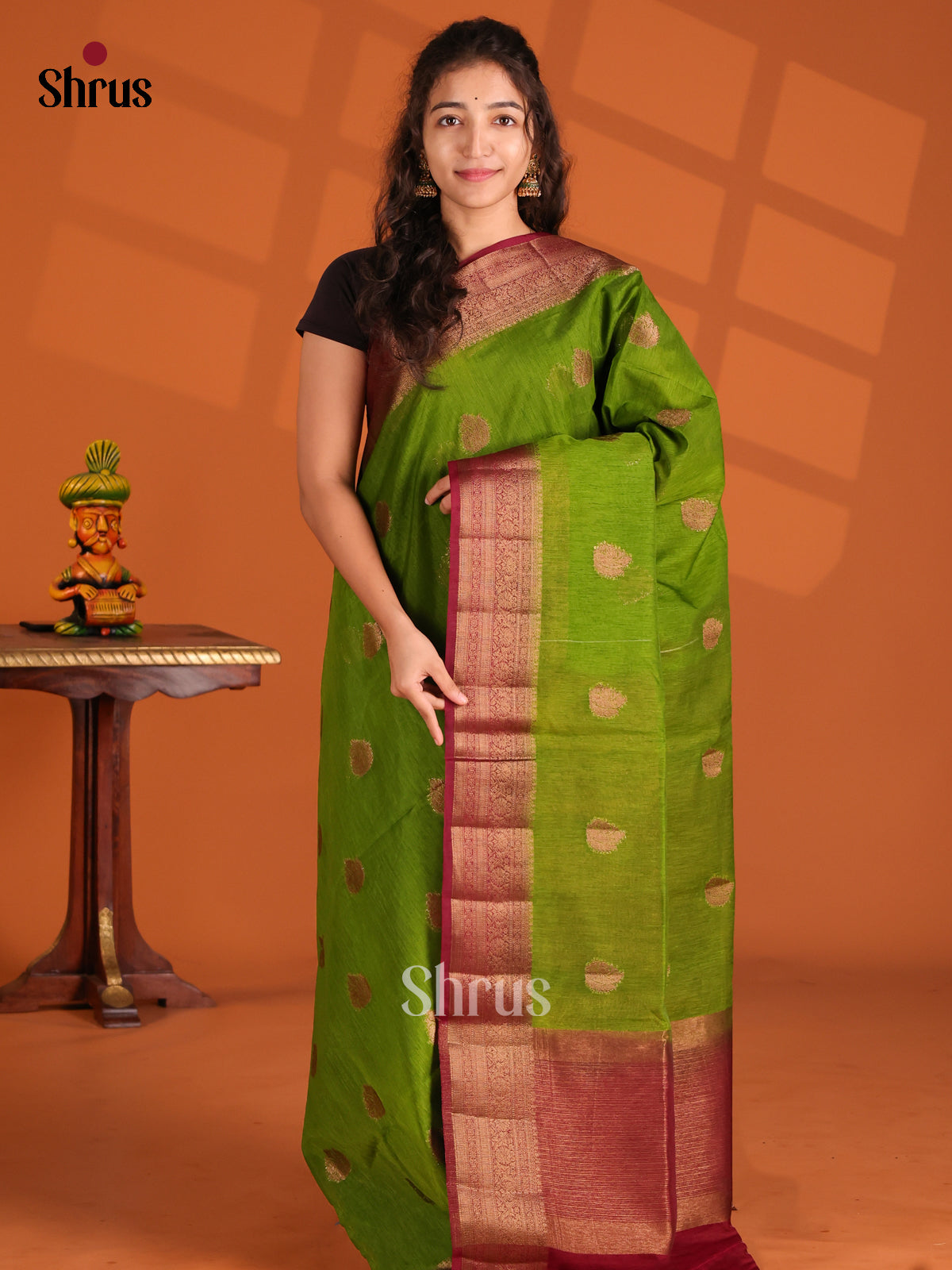 Green & Maroon- Semi Jute Saree - Shop on Shrus.com