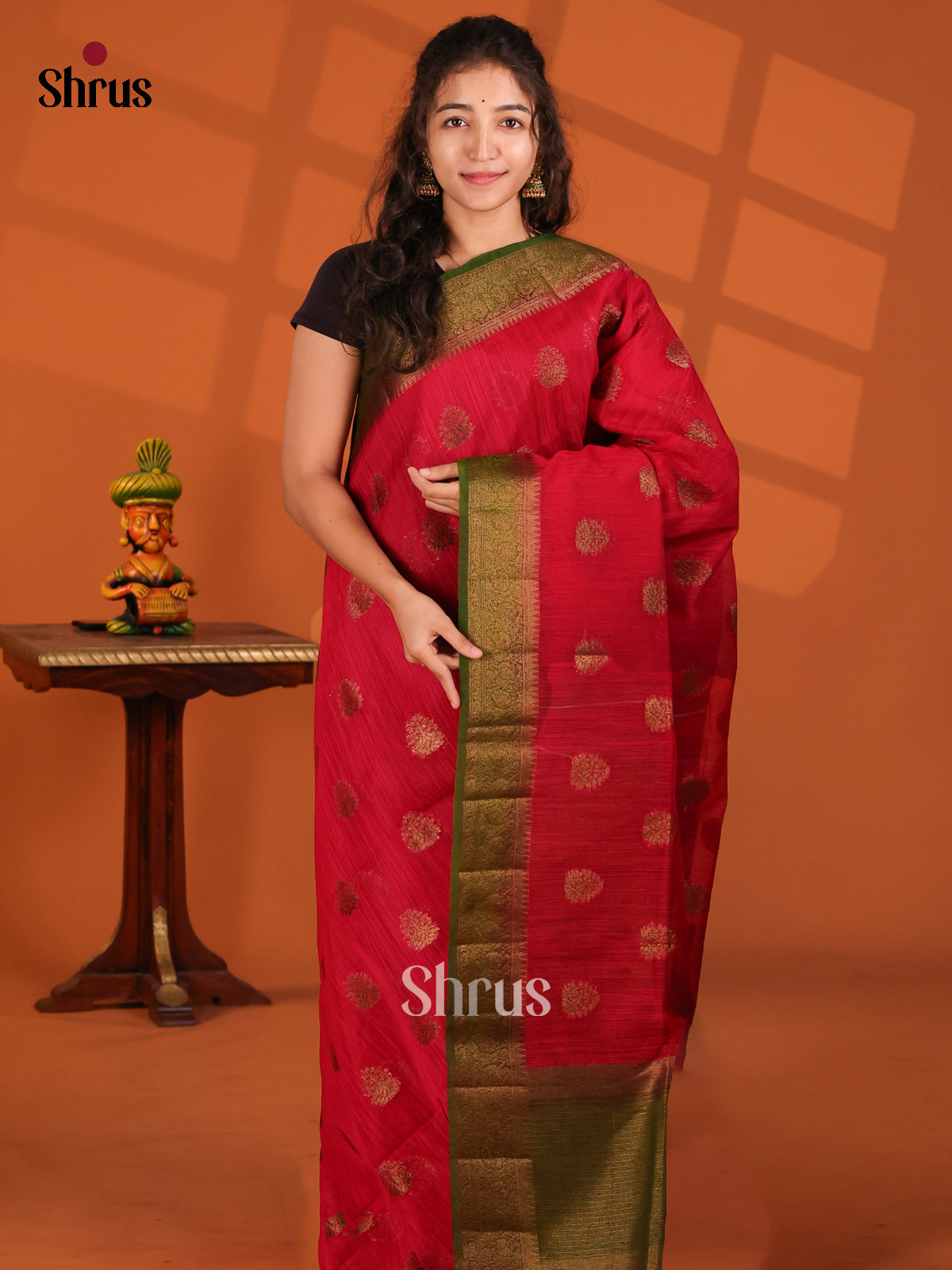 Red & Green - Semi Jute Saree - Shop on Shrus.com
