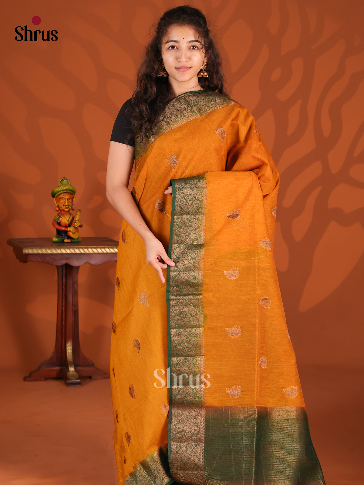 Mustard & Green- Semi Jute Saree - Shop on Shrus.com