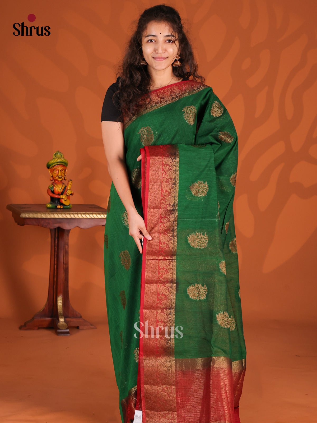 Green & Red - Semi Jute Saree - Shop on Shrus.com
