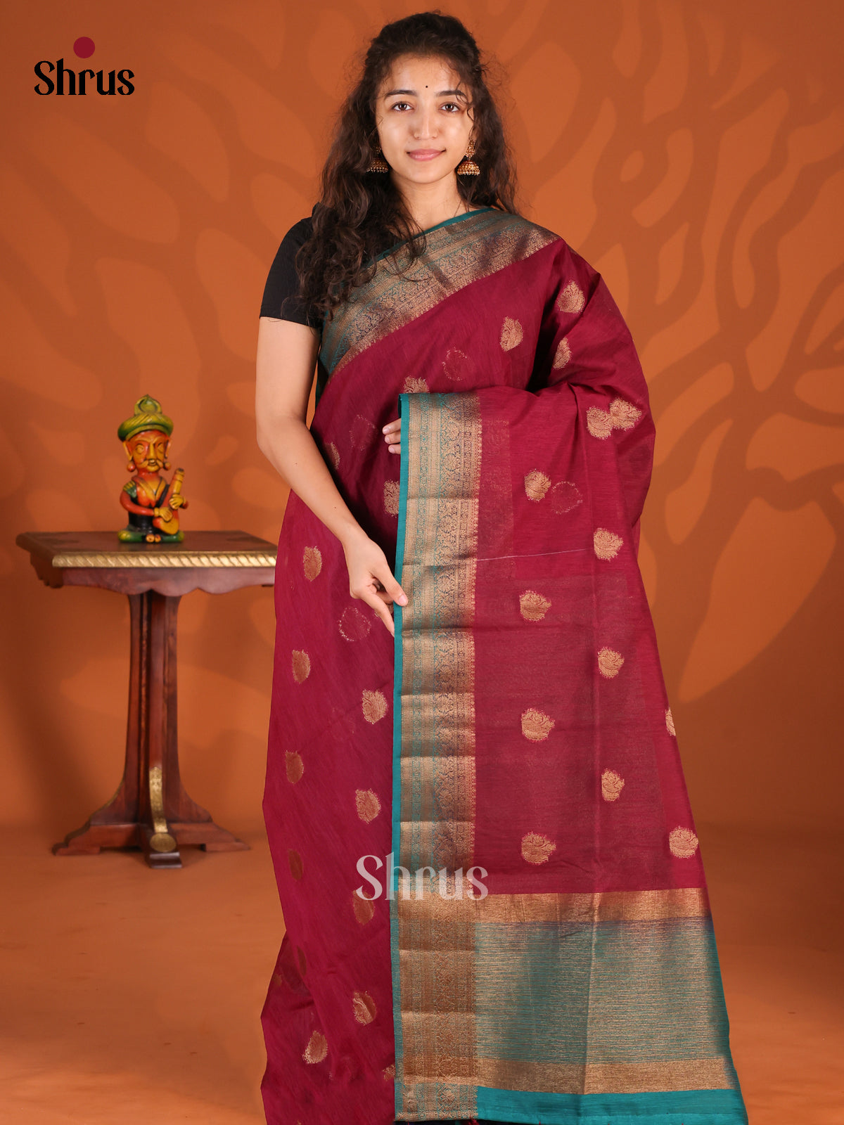 Maroon & Teal - Semi Jute Saree - Shop on Shrus.com