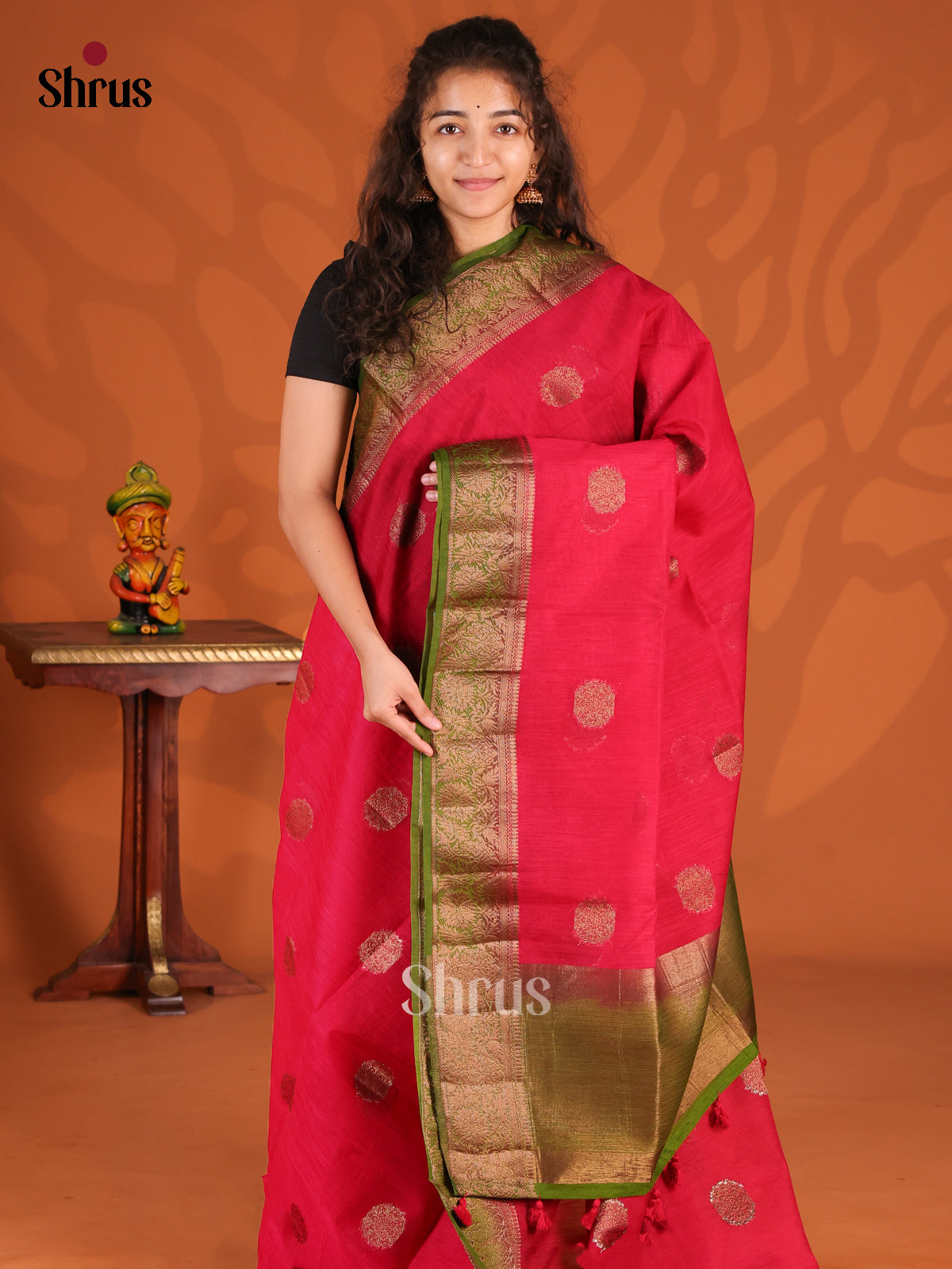 Red & Green - Semi Jute Saree - Shop on Shrus.com