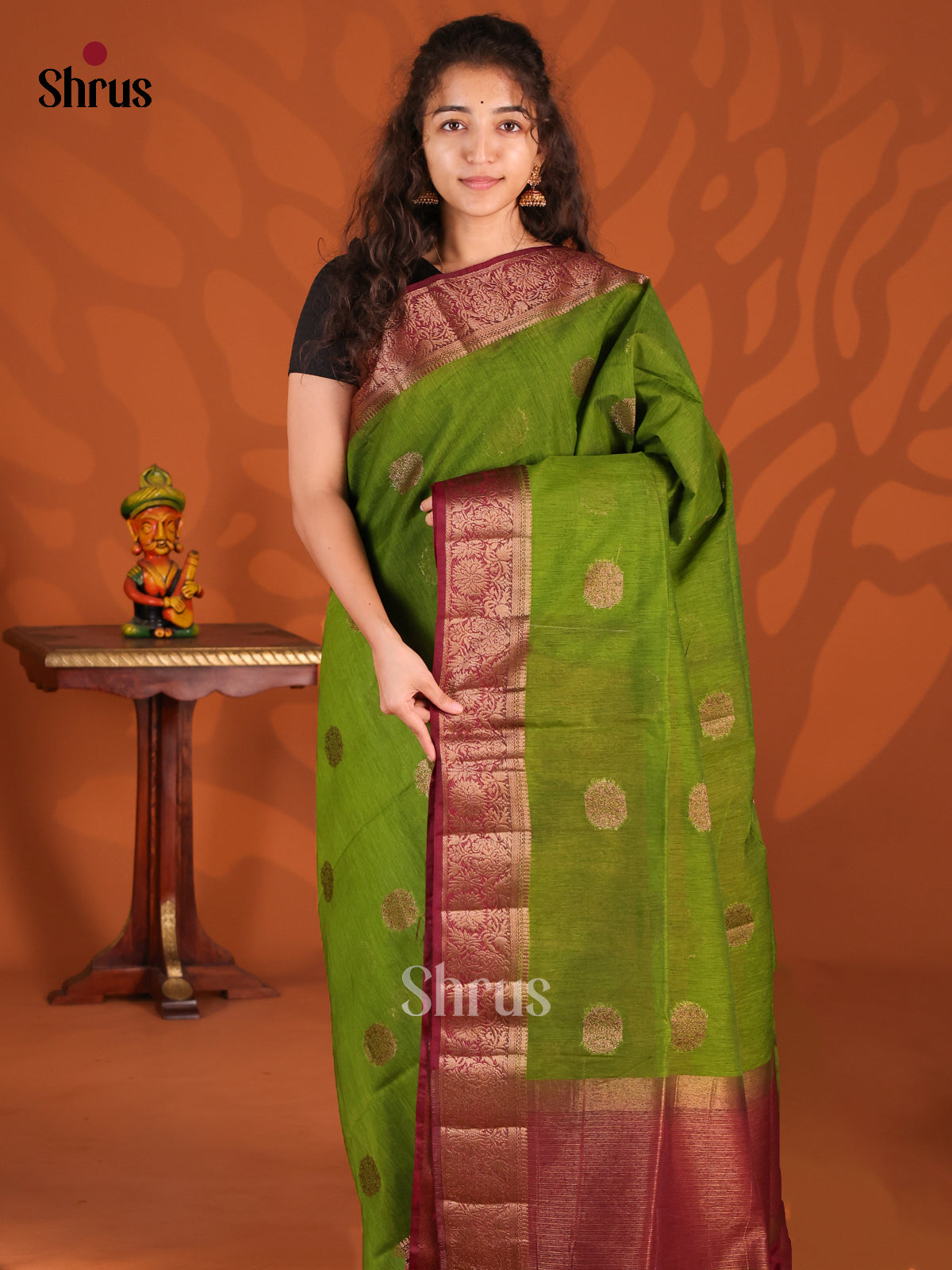 Green & Maroon - Semi Jute Saree - Shop on Shrus.com