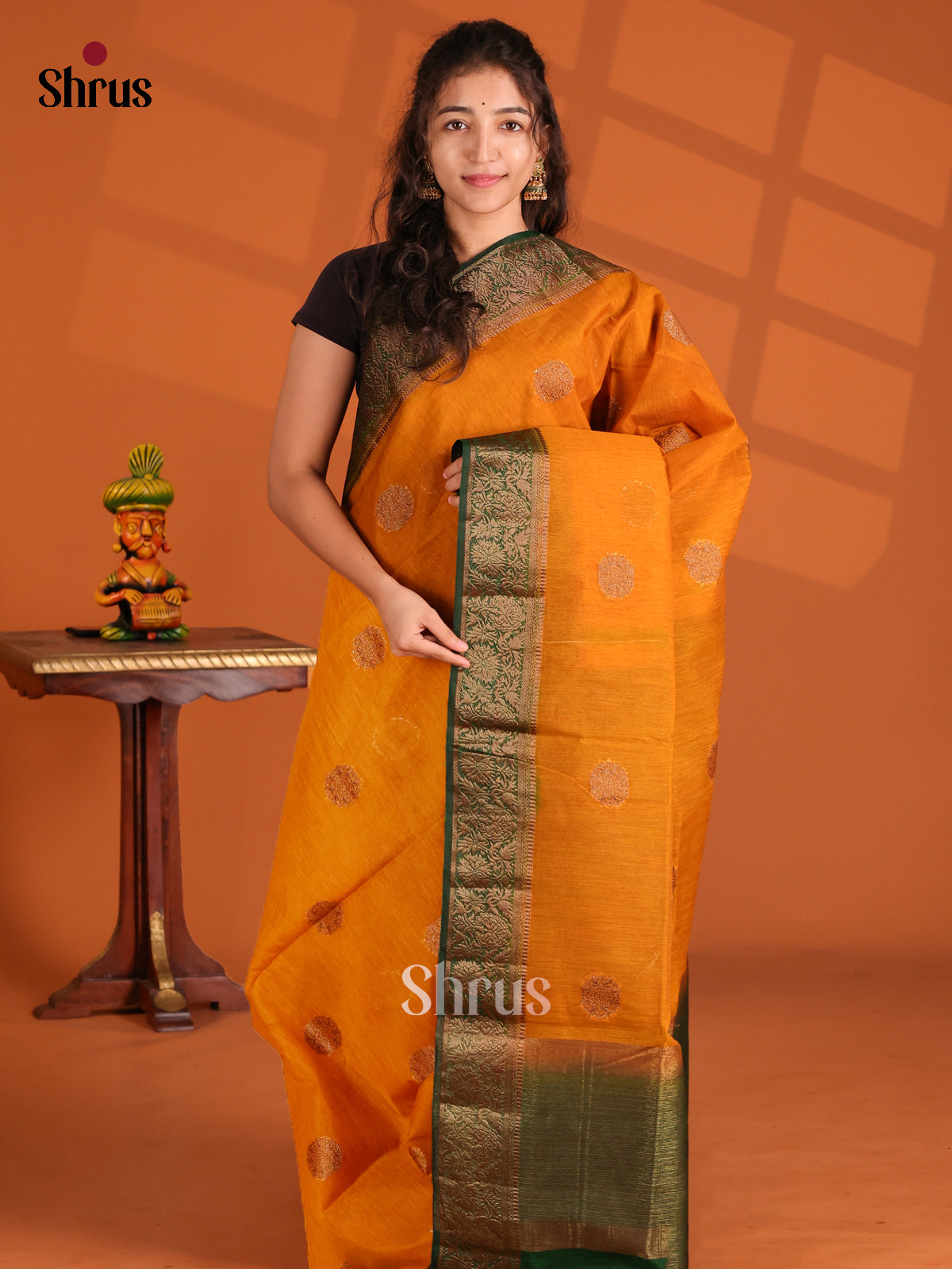 Mustard & Green- Semi Jute Saree - Shop on Shrus.com