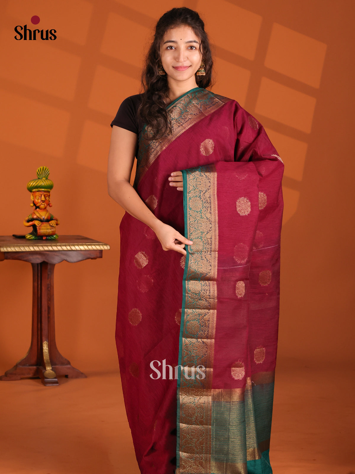 Wine & Green- Semi Jute Saree - Shop on Shrus.com