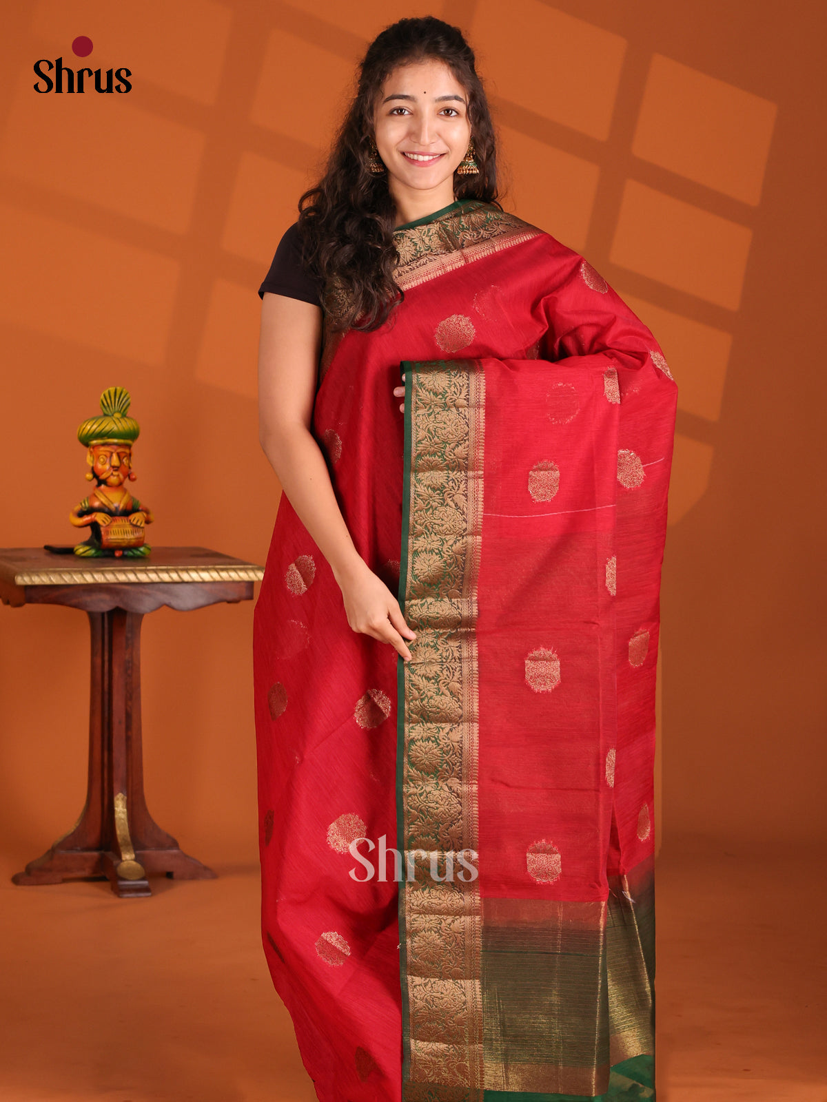 Red & Green- Semi Jute Saree - Shop on Shrus.com