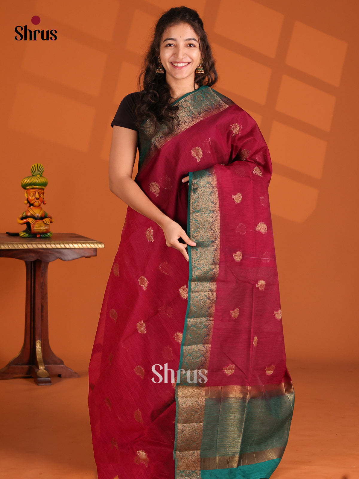 Maroon & Green- Semi Jute Saree - Shop on Shrus.com