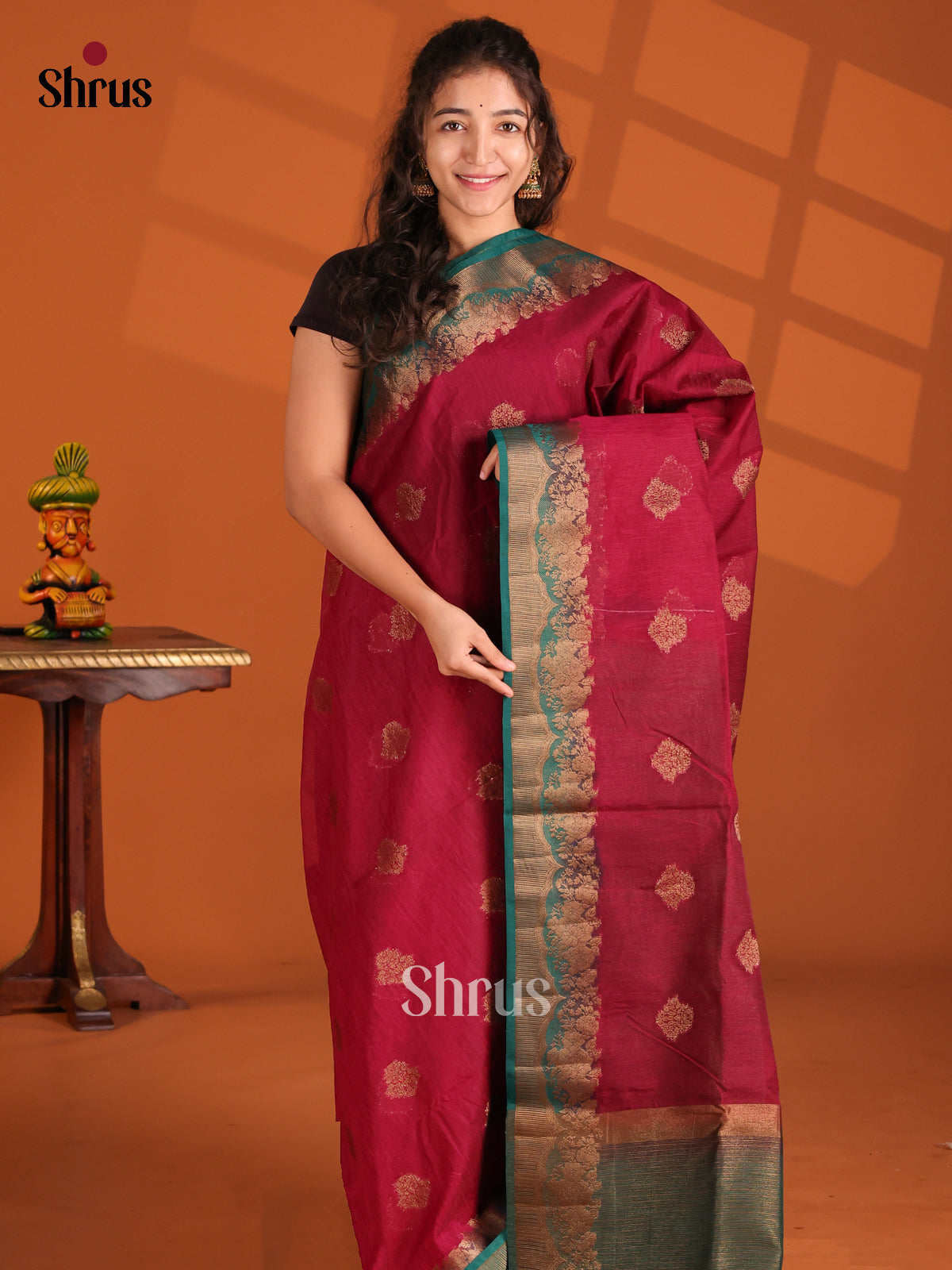Maroon & Green - Semi Jute Saree - Shop on Shrus.com