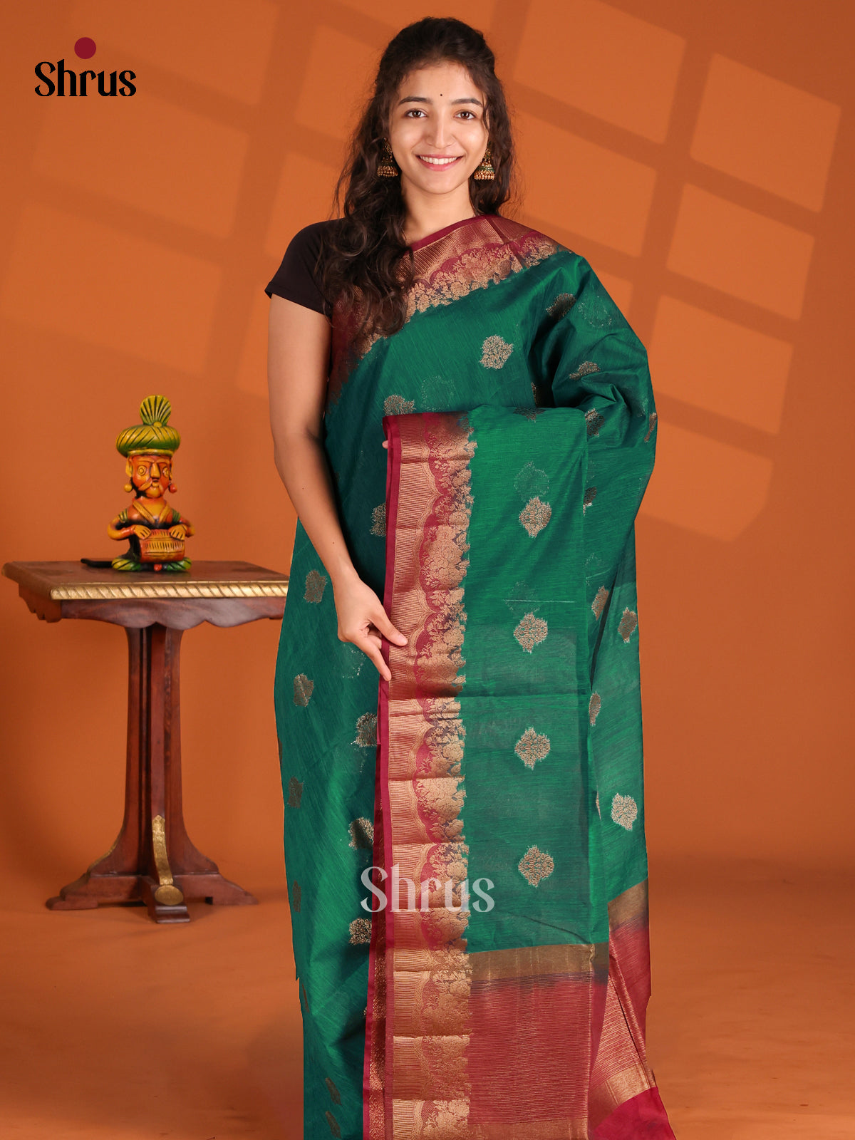 Green & Maroon - Semi Jute Saree - Shop on Shrus.com