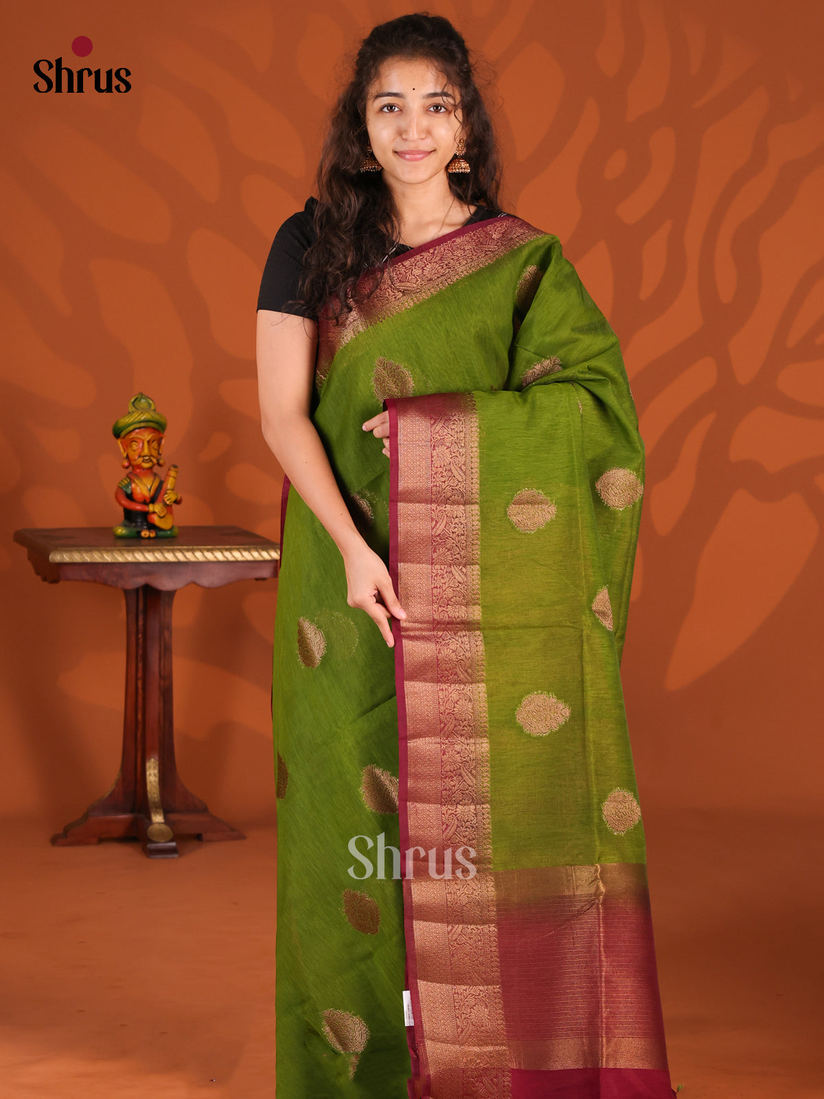 Green & Maroon - Semi Jute Saree - Shop on Shrus.com