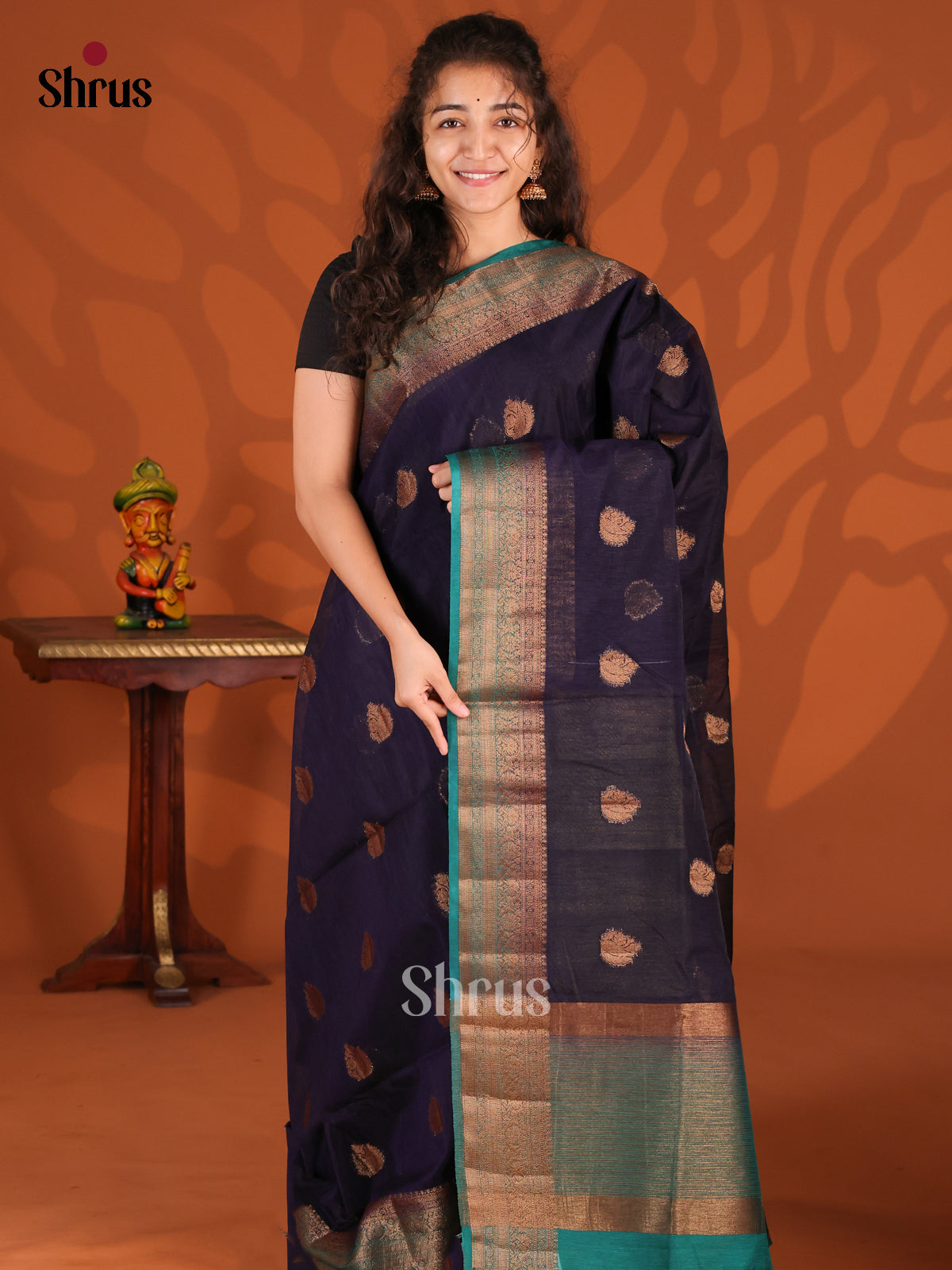 Blue & Green - Semi Jute Saree - Shop on Shrus.com