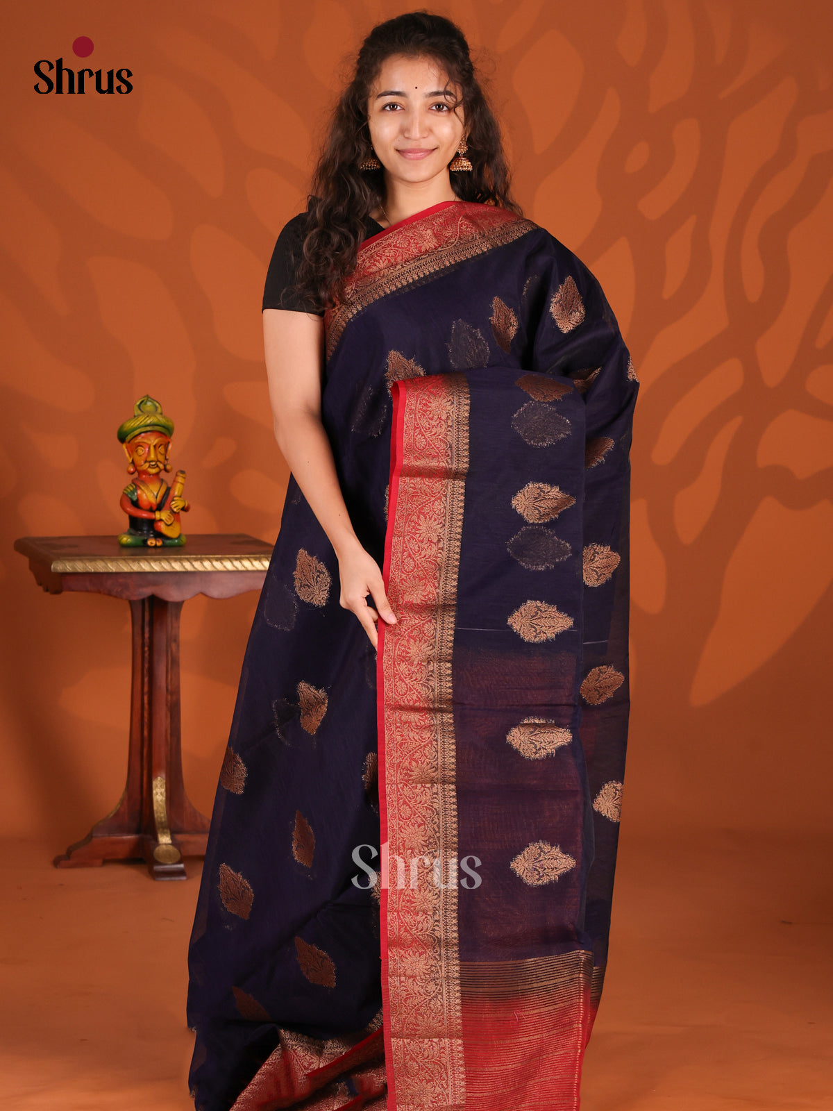 Blue & Red - Semi Jute Saree - Shop on Shrus.com
