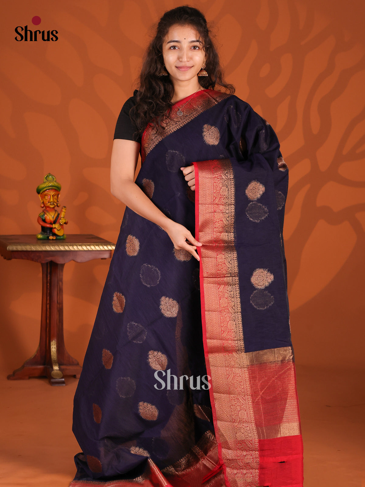 Blue & Red - Semi Jute Saree - Shop on Shrus.com