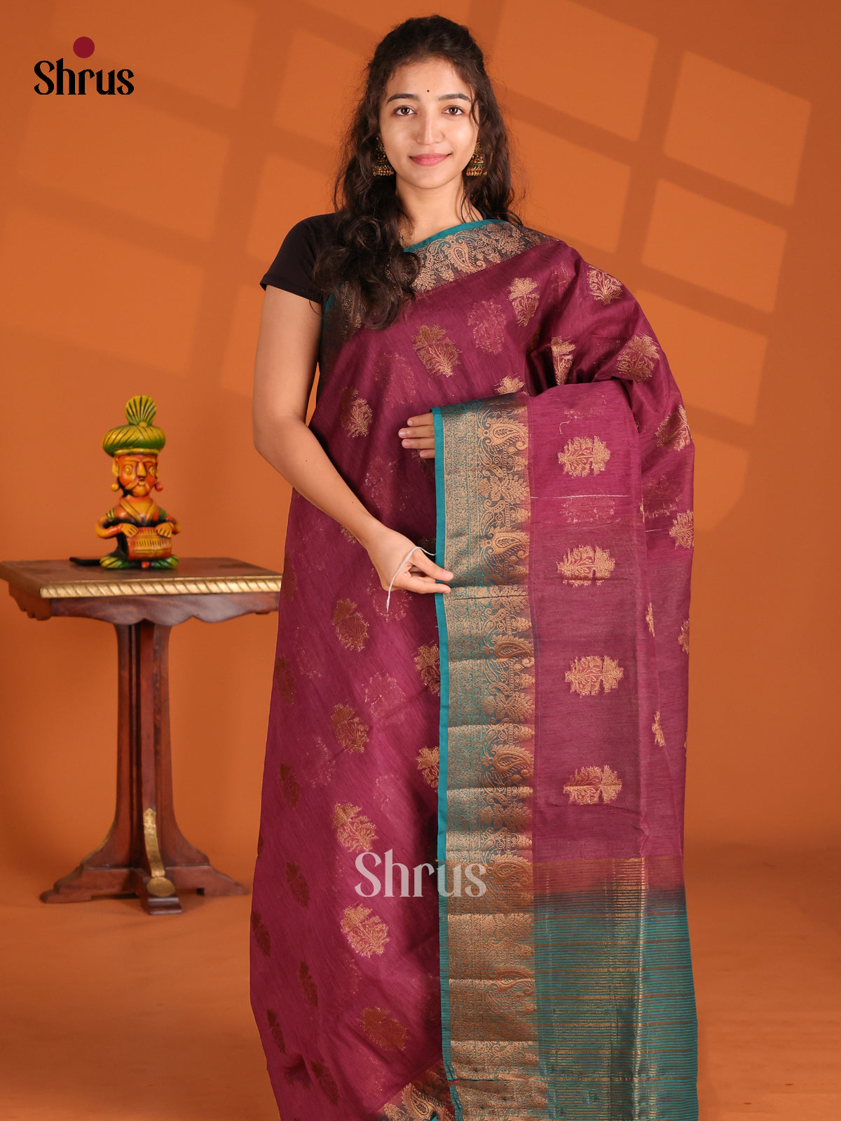 Purple & Teal - Semi Jute Saree - Shop on Shrus.com