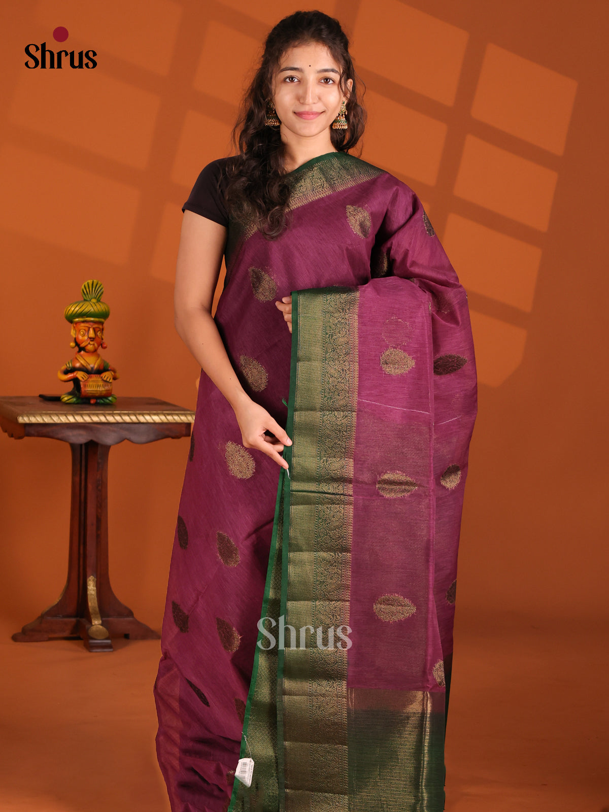 Purple & Green - Semi Jute Saree - Shop on Shrus.com