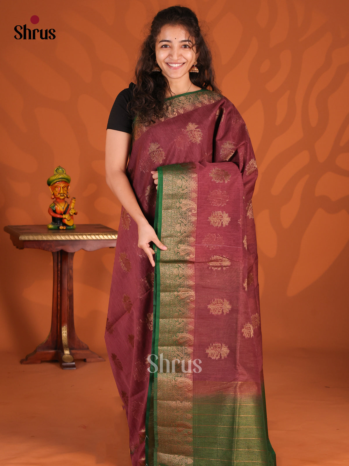 Brown & Green - Semi Jute Saree - Shop on Shrus.com