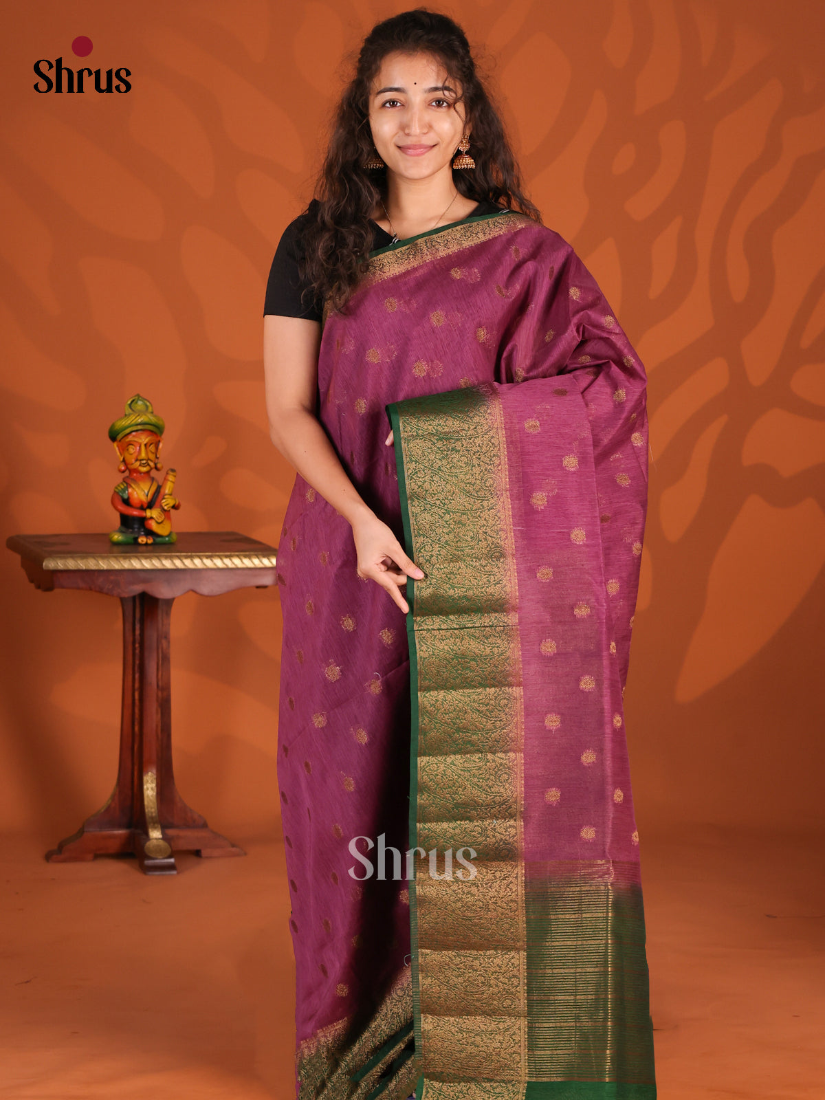 Purple & Green- Semi Jute Saree - Shop on Shrus.com