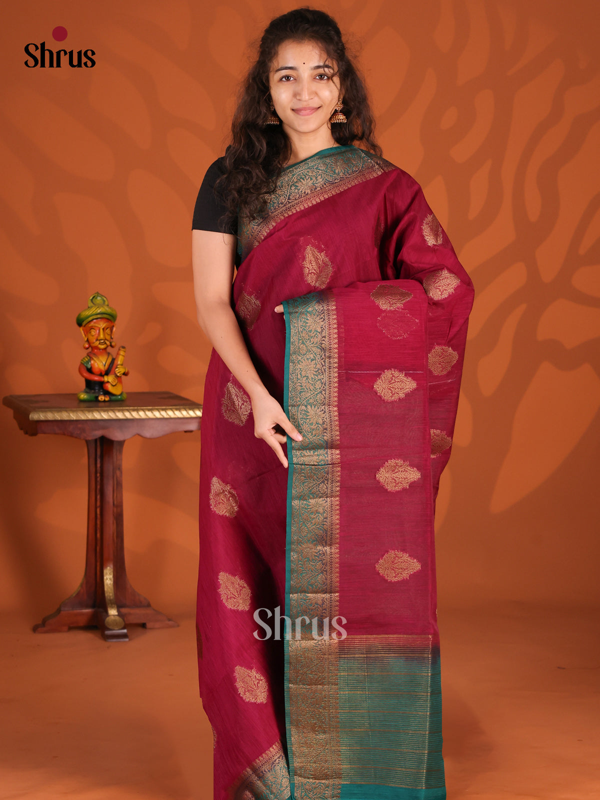 Maroon & Green - Semi Jute Saree - Shop on Shrus.com