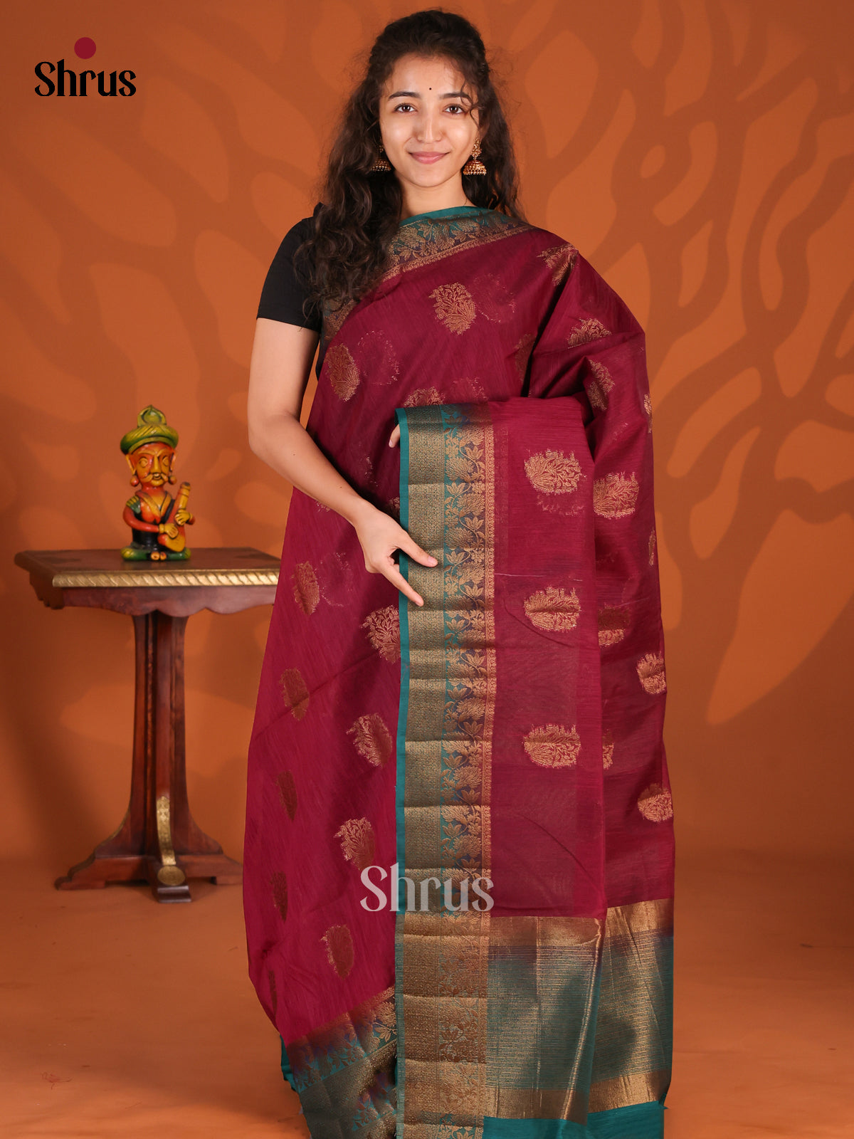 Maroon & Green - Semi Jute Saree - Shop on Shrus.com