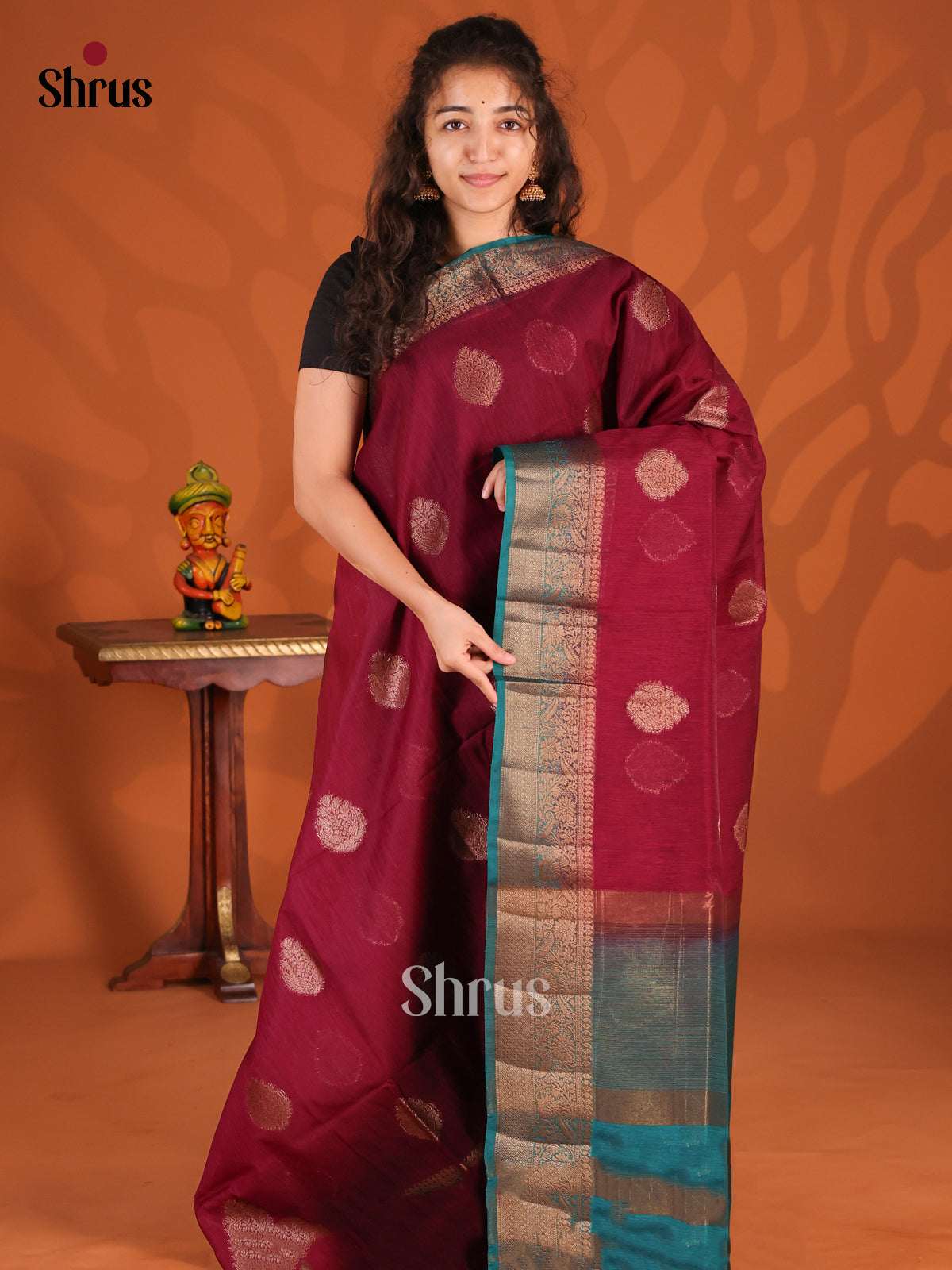 Maroon &Teal - Semi Jute Saree - Shop on Shrus.com
