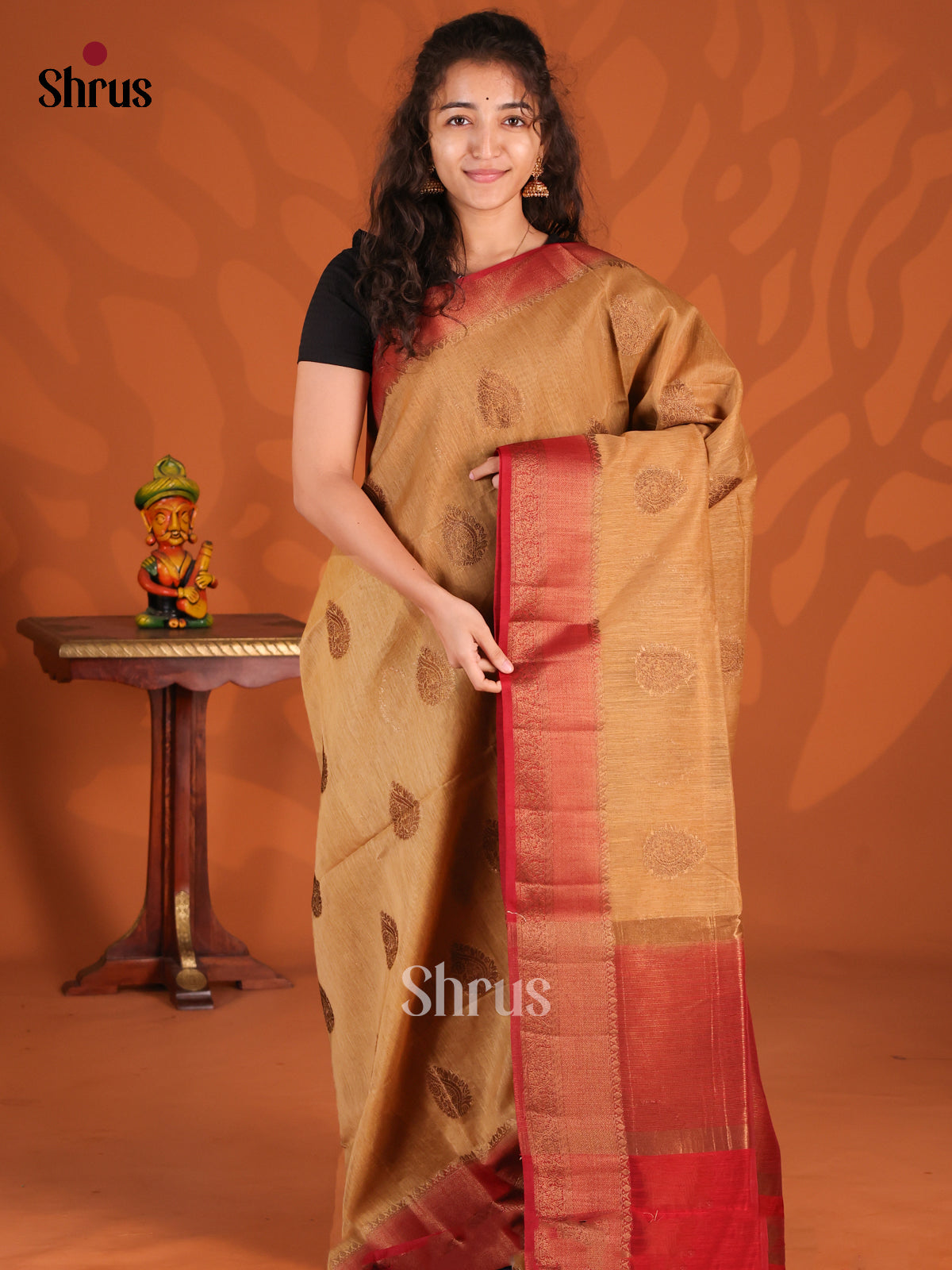 Beige & Red - Semi Jute Saree - Shop on Shrus.com