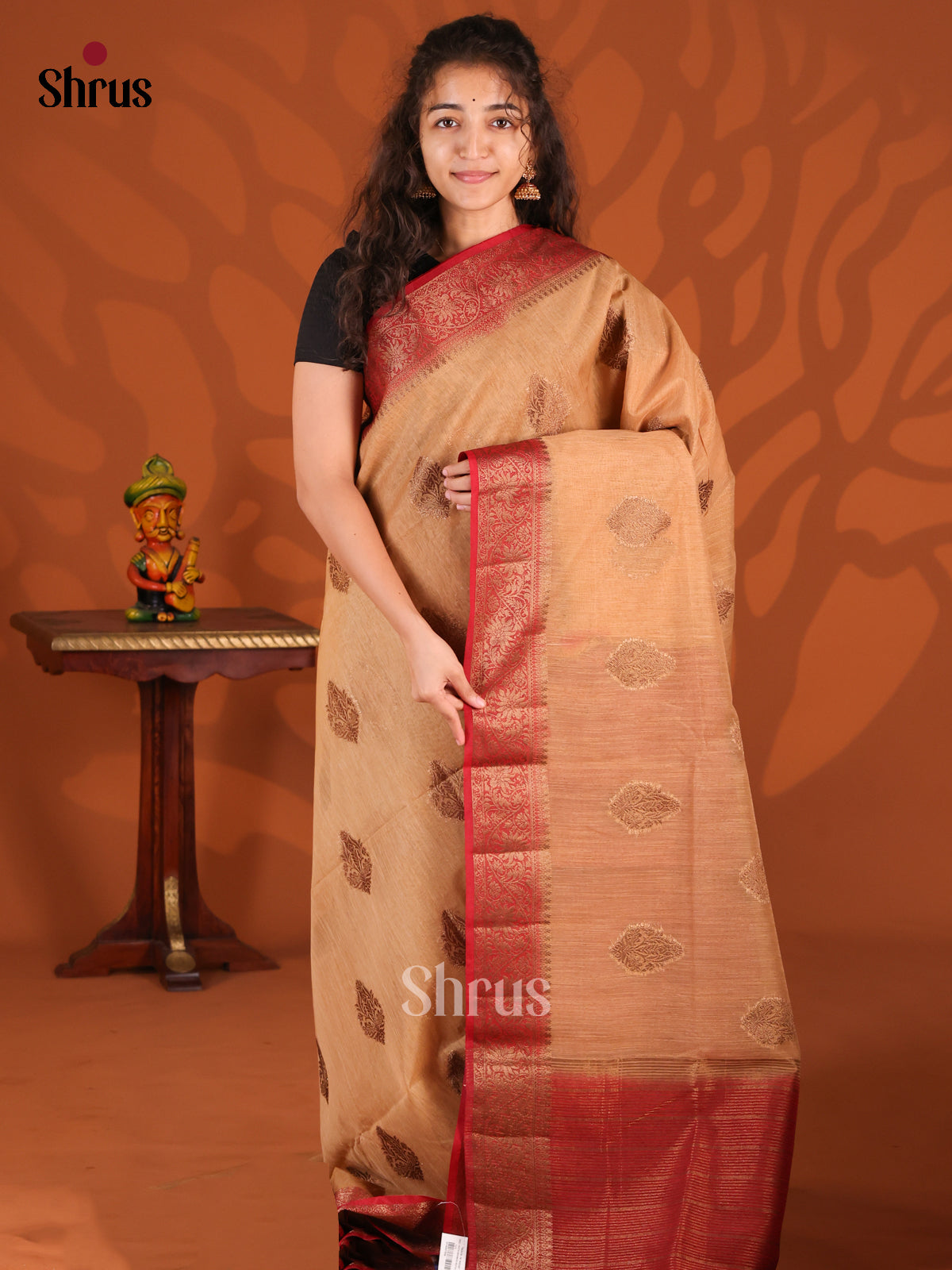 Beige & Red- Semi Jute Saree - Shop on Shrus.com