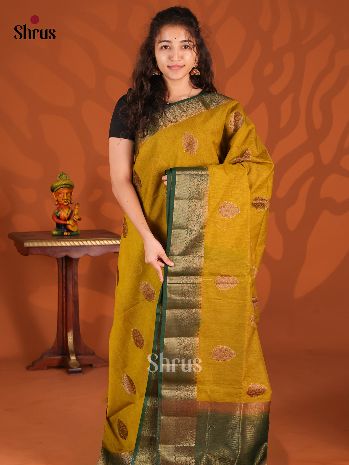 Mustardy Green & Green- Semi Jute Saree - Shop on Shrus.com