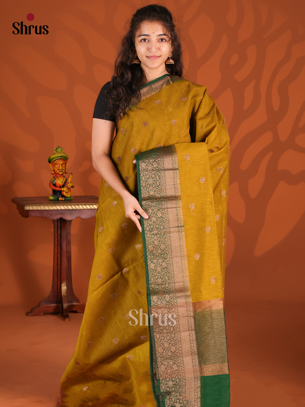Mustardy Green & Green- Semi Jute Saree - Shop on Shrus.com