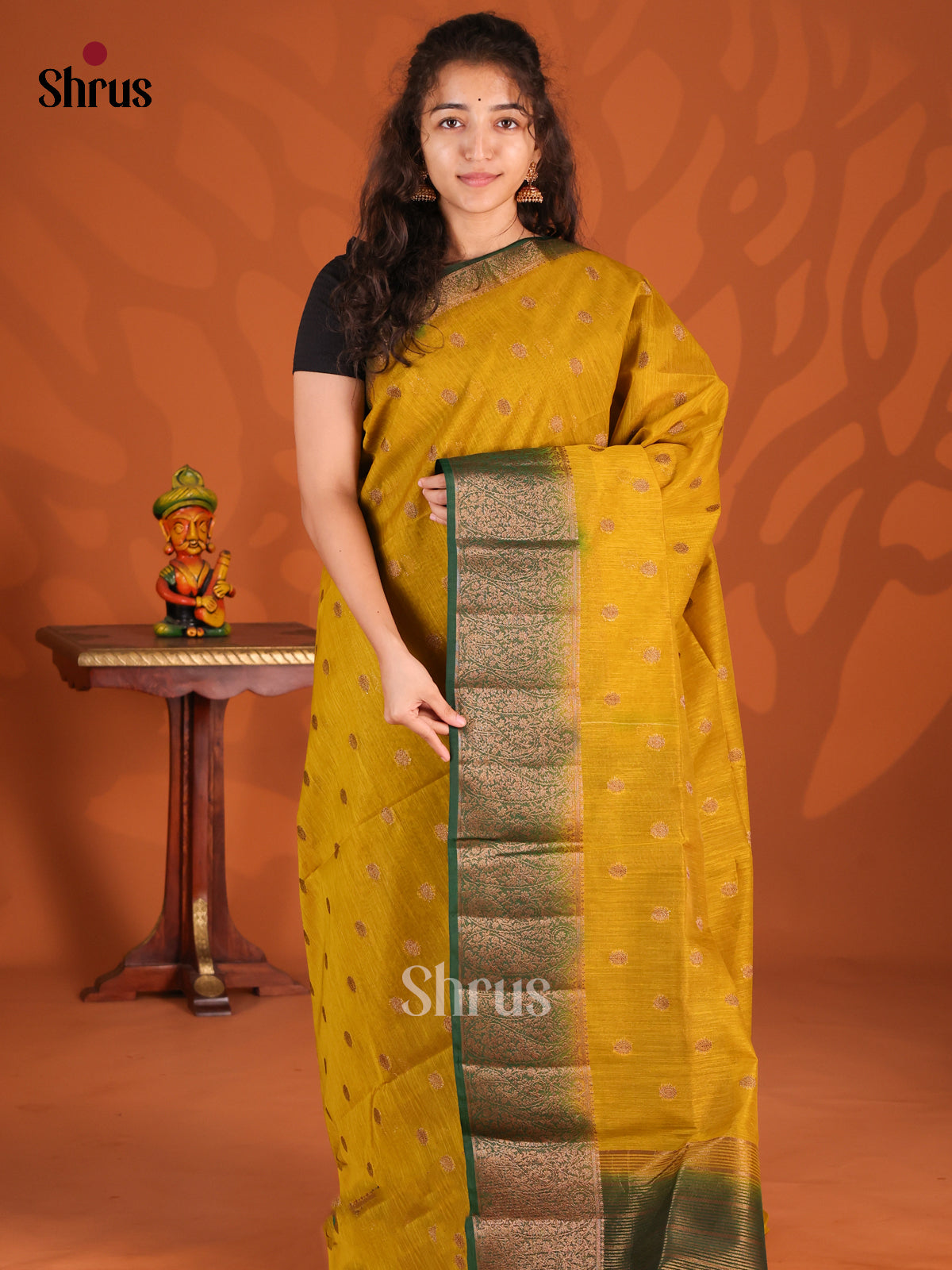 Mustardy Green & Green - Semi Jute Saree - Shop on Shrus.com