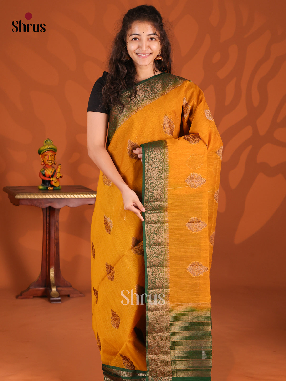 Mustard & Green- Semi Jute Saree - Shop on Shrus.com