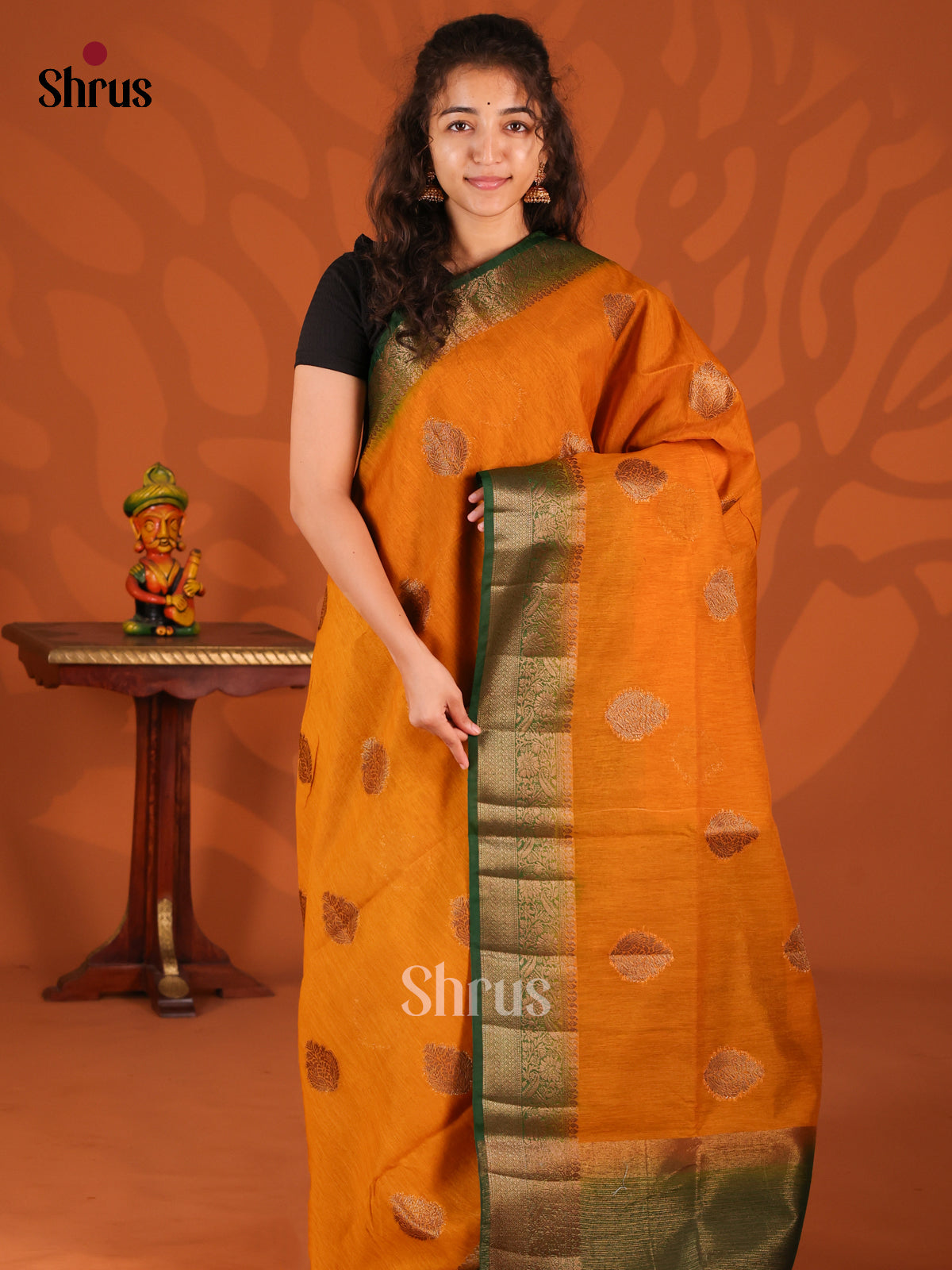 Mustard & Green- Semi Jute Saree - Shop on Shrus.com