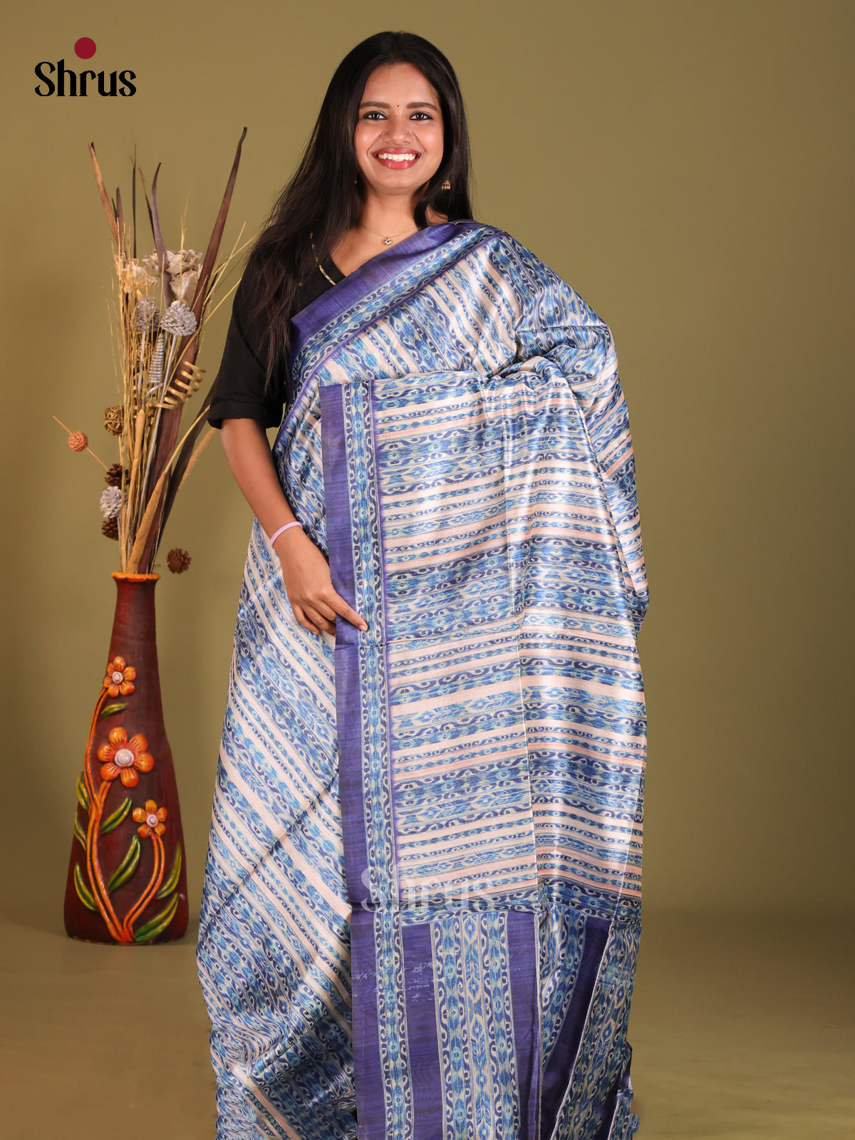 Cream & Blue- Champa semitussar Saree - Shop on Shrus.com